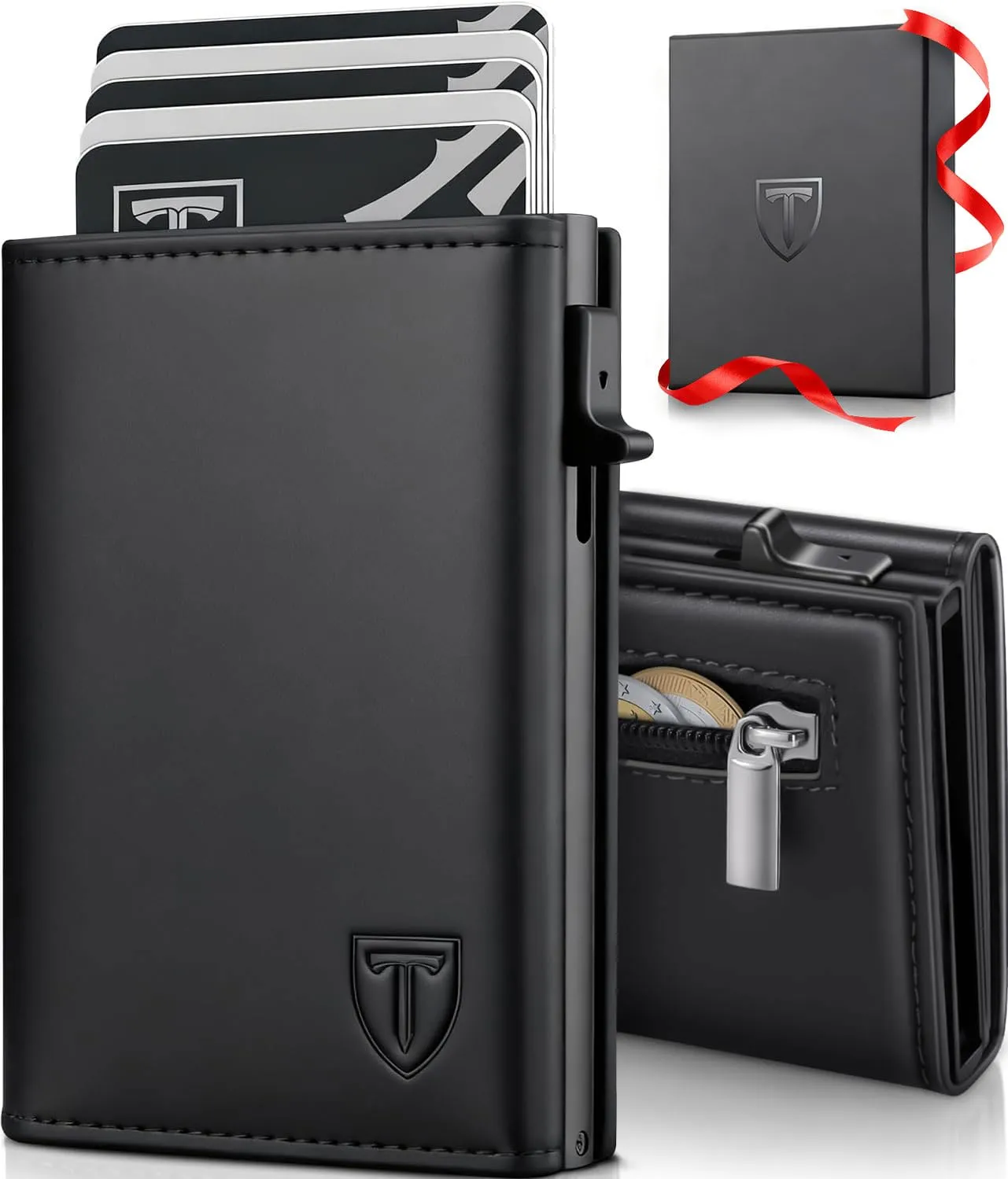 TENBST Portafoglio Uomo Sottile Nero con Protezione RFID e Tasca Portamonete - immagine 1