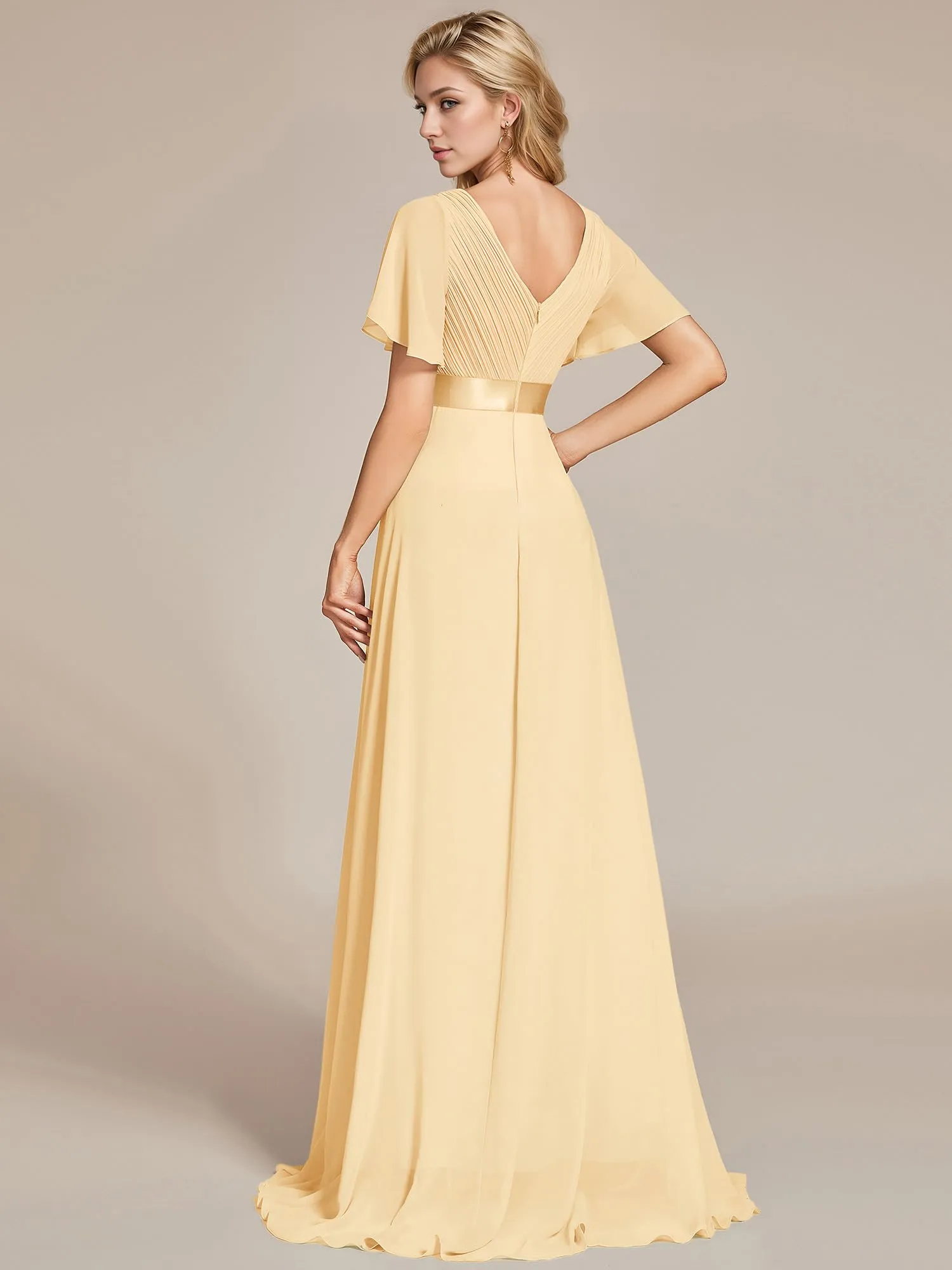 Ever-Pretty Vestito da Cerimonia Donna Scollo a V Linea ad A con Spacco Giallo 36 - immagine 2