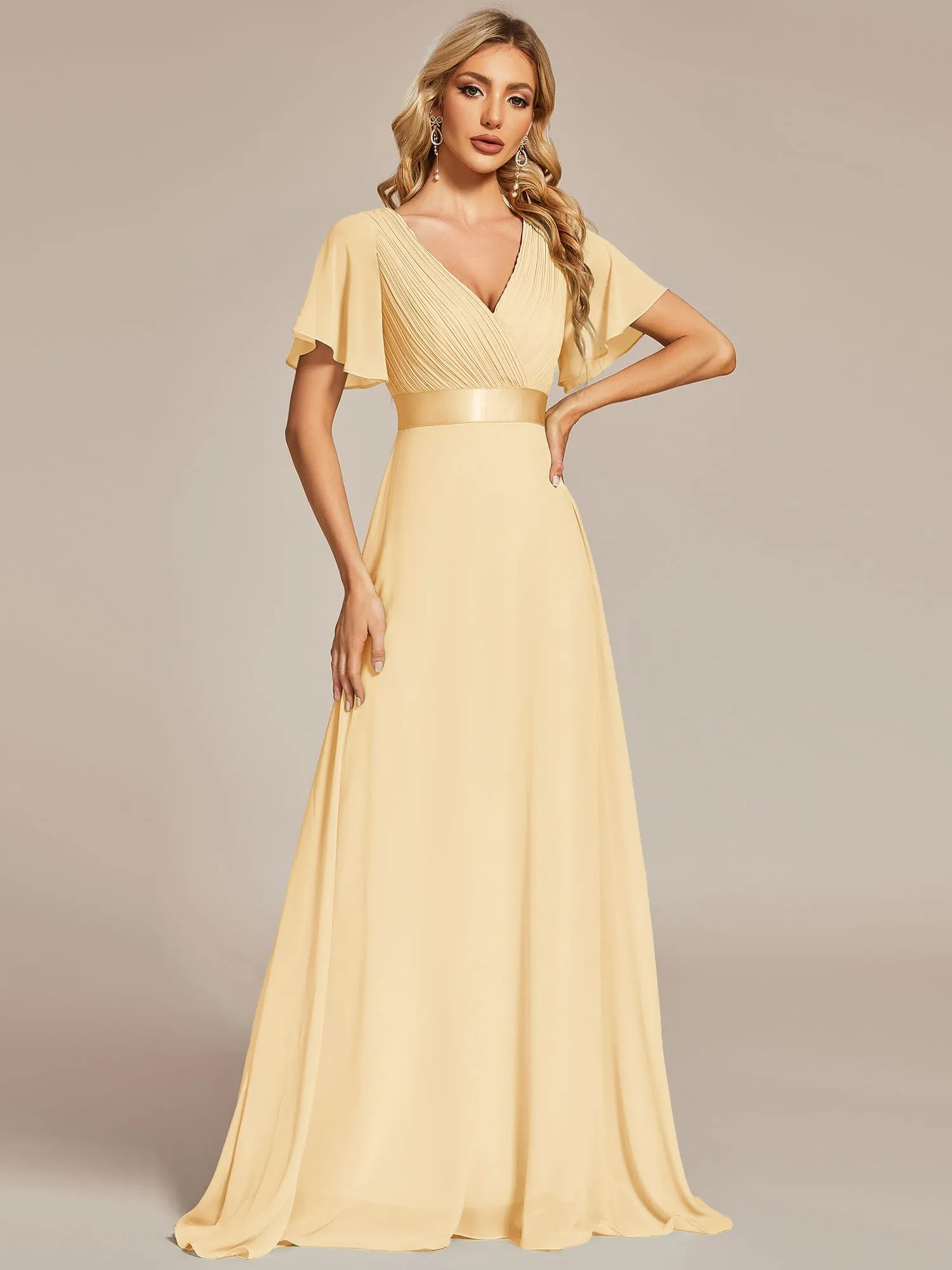 Ever-Pretty Vestito da Cerimonia Donna Scollo a V Linea ad A con Spacco Giallo 52 - immagine 5