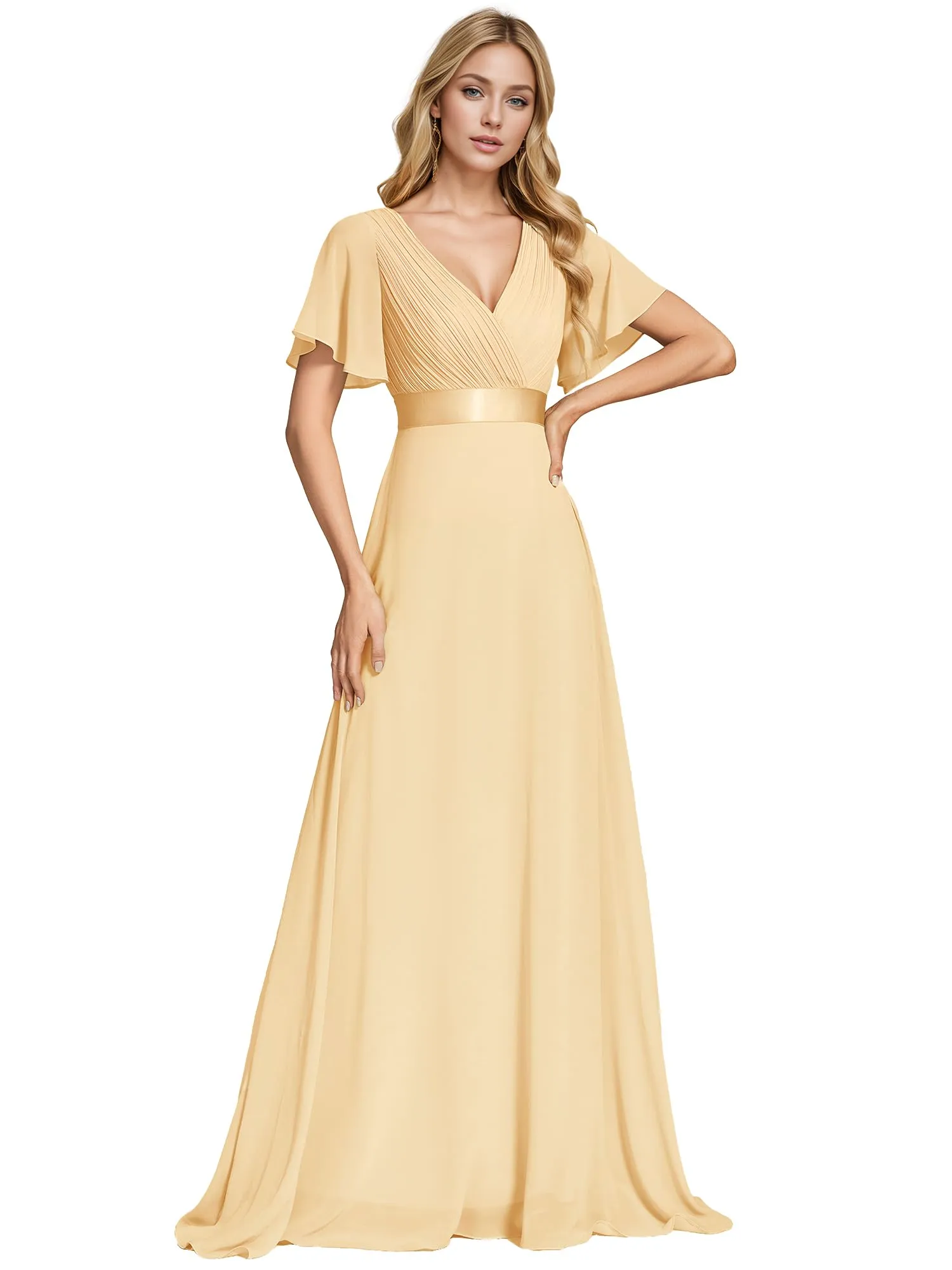 Ever-Pretty Vestito da Cerimonia Donna Scollo a V Linea ad A con Spacco Giallo 54 - immagine 1