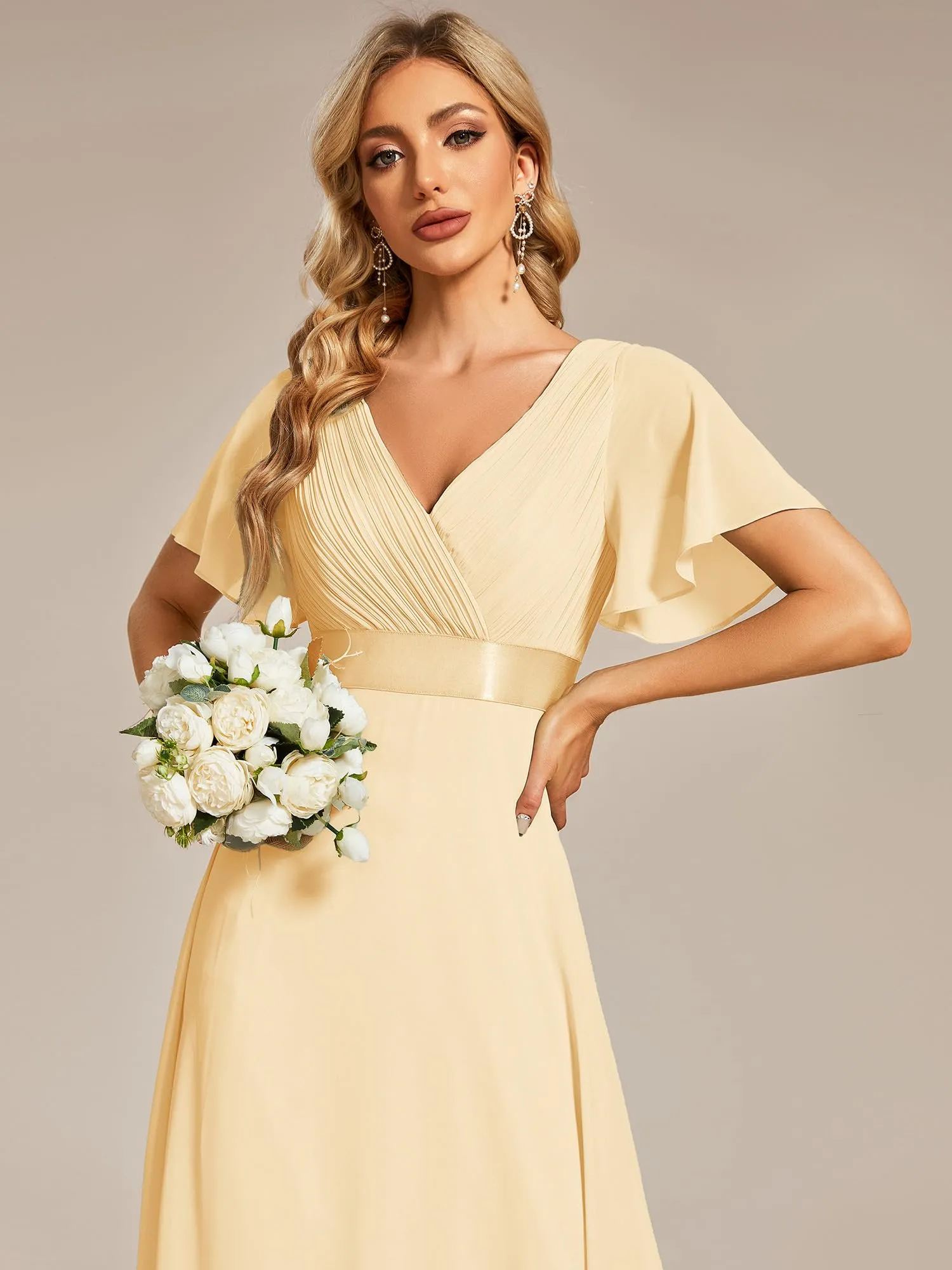 Ever-Pretty Vestito da Cerimonia Donna Scollo a V Linea ad A con Spacco Giallo 46 - immagine 3