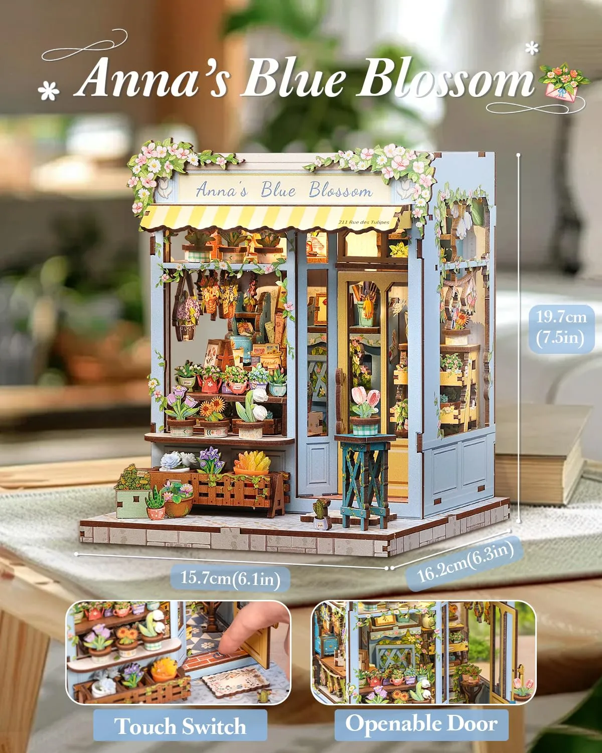 CUTEBEE Book Nook Kit, Anna's Blue Blossom 3D Wooden Puzzle Miniature House DIY Bookends - immagine 2