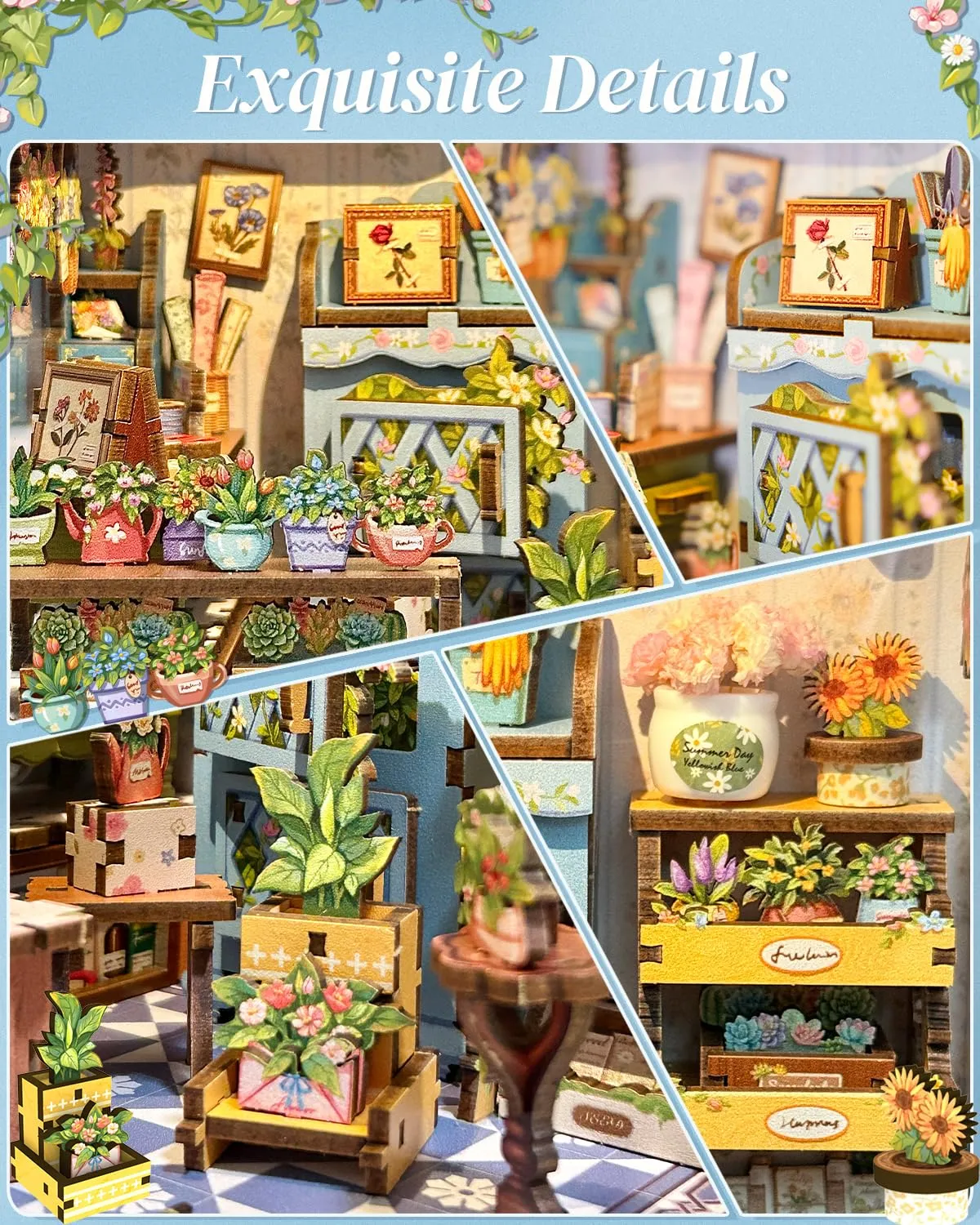 CUTEBEE Book Nook Kit, Anna's Blue Blossom 3D Wooden Puzzle Miniature House DIY Bookends - immagine 3