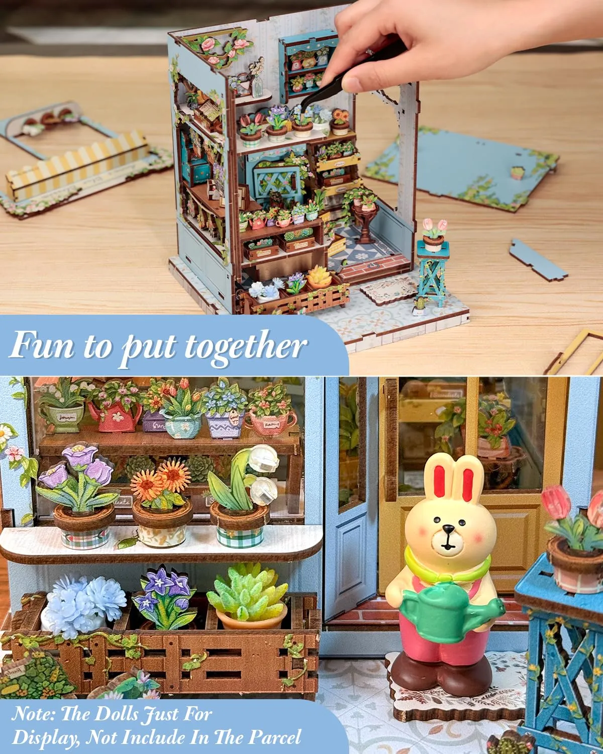 CUTEBEE Book Nook Kit, Anna's Blue Blossom 3D Wooden Puzzle Miniature House DIY Bookends - immagine 4