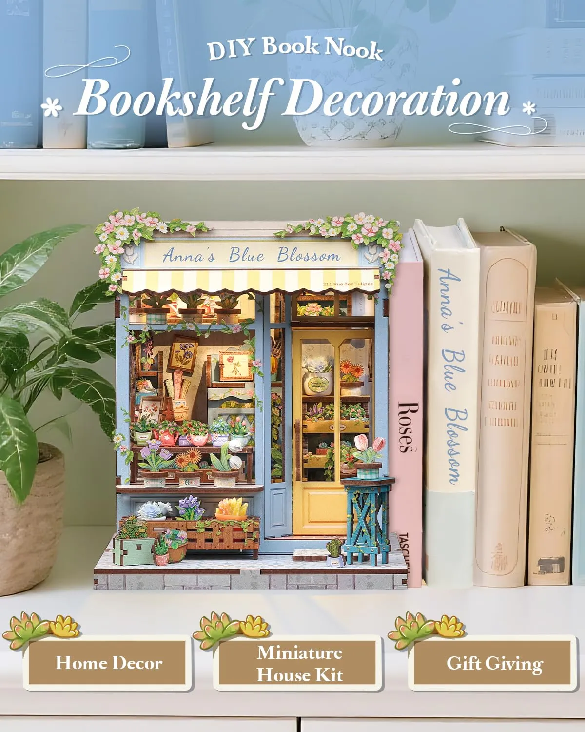 CUTEBEE Book Nook Kit, Anna's Blue Blossom 3D Wooden Puzzle Miniature House DIY Bookends - immagine 5