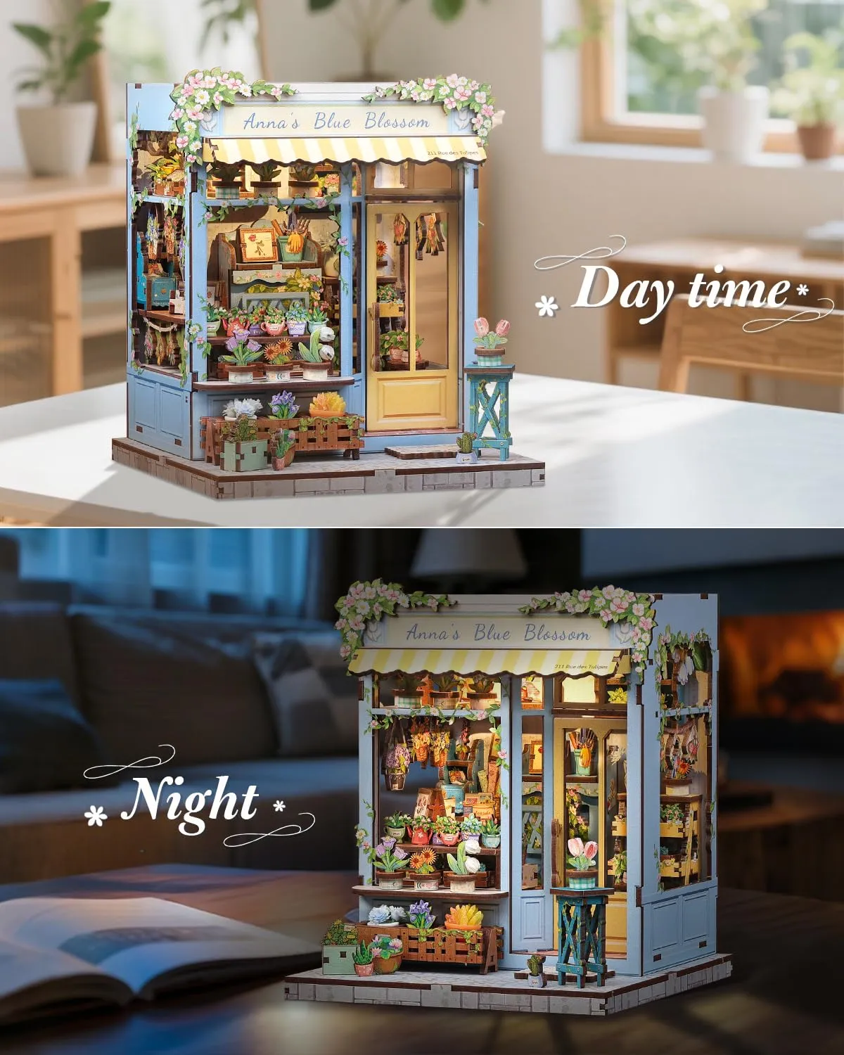 CUTEBEE Book Nook Kit, Anna's Blue Blossom 3D Wooden Puzzle Miniature House DIY Bookends - immagine 6