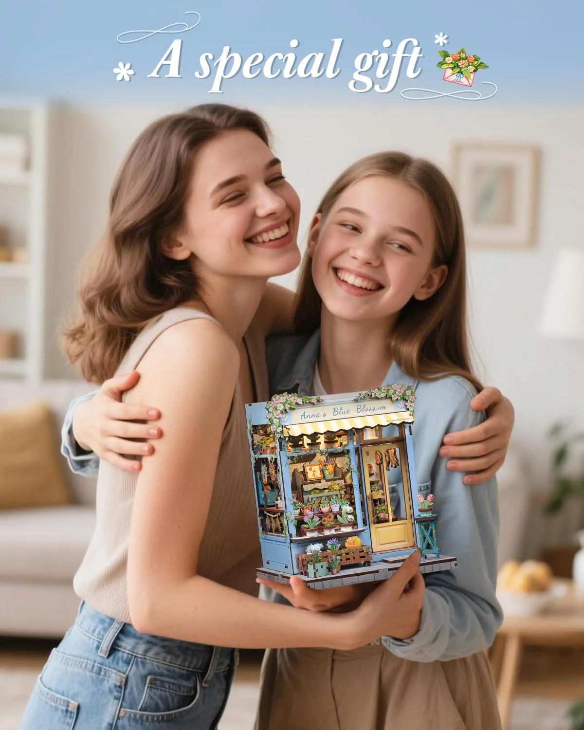 CUTEBEE Book Nook Kit, Anna's Blue Blossom 3D Wooden Puzzle Miniature House DIY Bookends - immagine 7