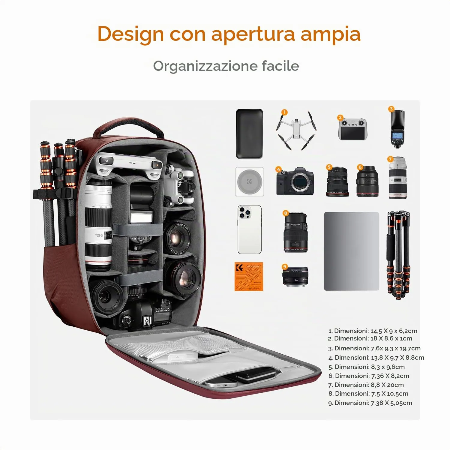 K&F Concept Zaino Fotografico Antiurto Guscio Rigido Impermeabile 44cm, Borgogna - immagine 2