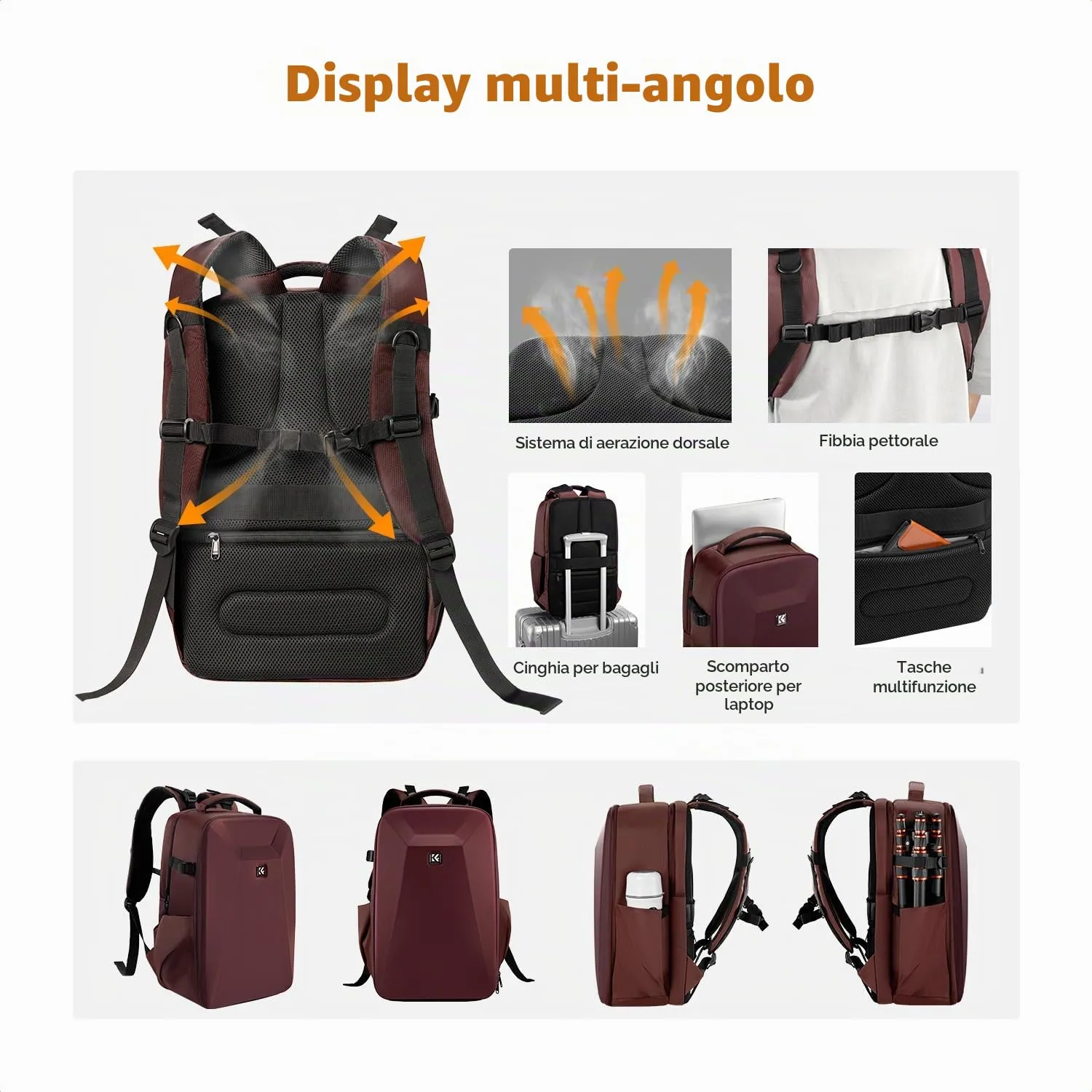 K&F Concept Zaino Fotografico Antiurto Guscio Rigido Impermeabile 44cm, Borgogna - immagine 4