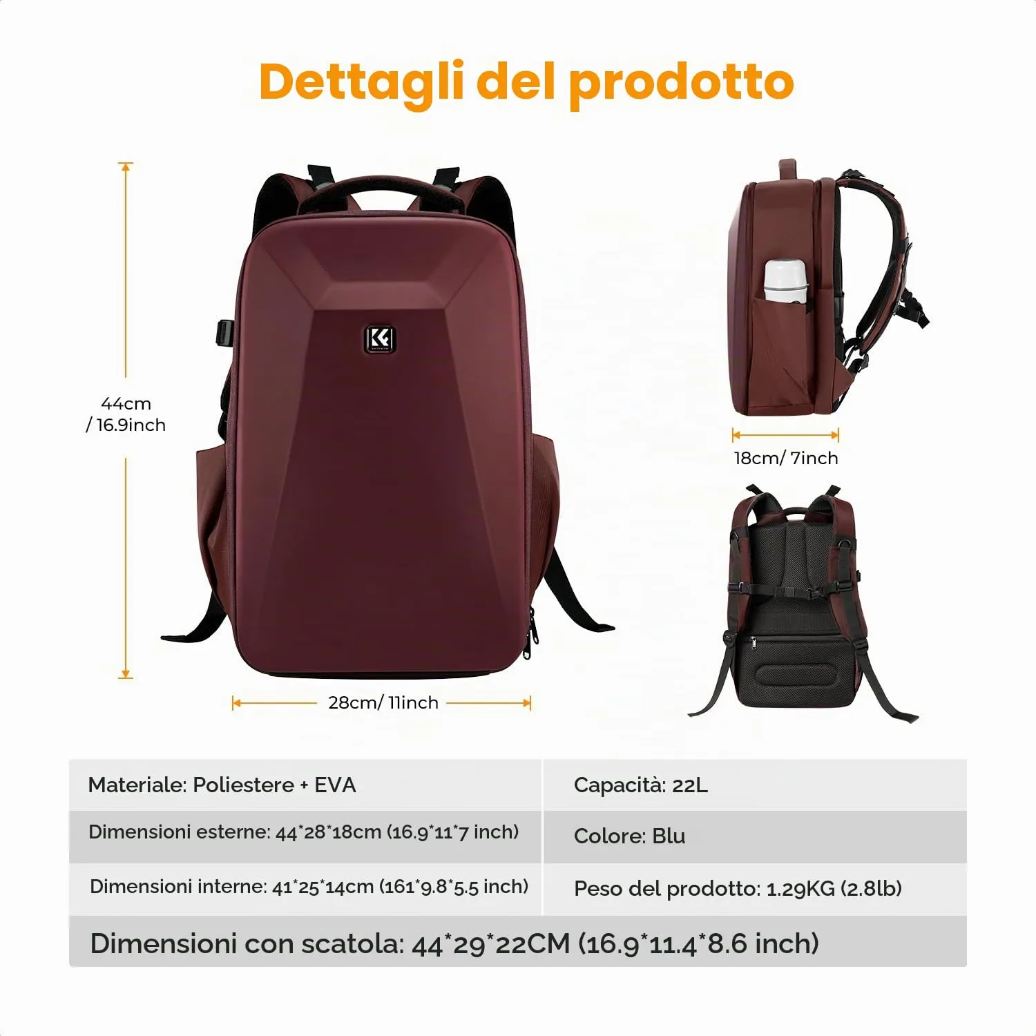 K&F Concept Zaino Fotografico Antiurto Guscio Rigido Impermeabile 44cm, Borgogna - immagine 7