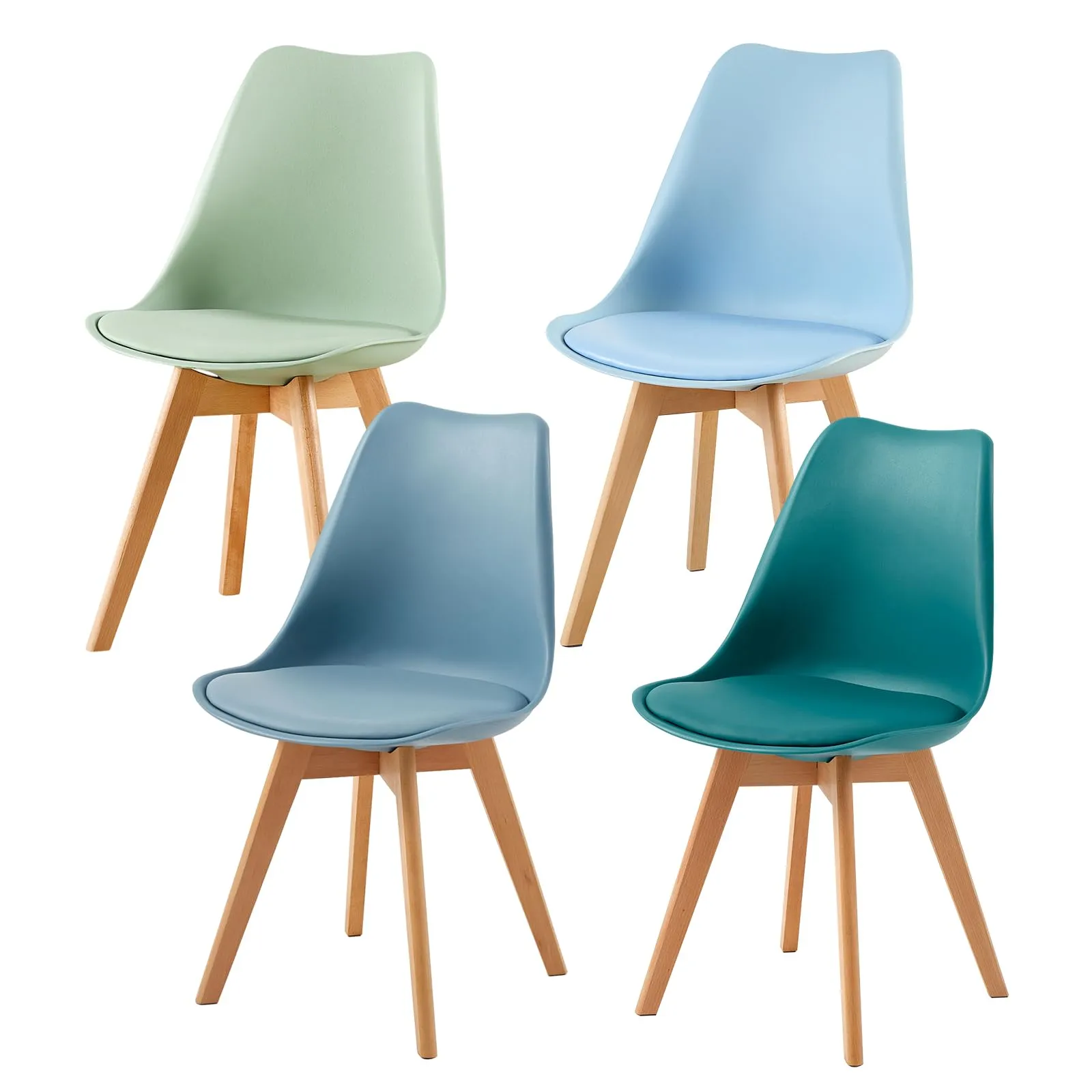 EGGREE Set di 4 Sedie da Sala da Pranzo in Faggio Massiccio e PU, Design Moderno e Scandinavo, Gelato Verde, Blu Chiaro, Morandi Azzurro, Turchese - immagine 1