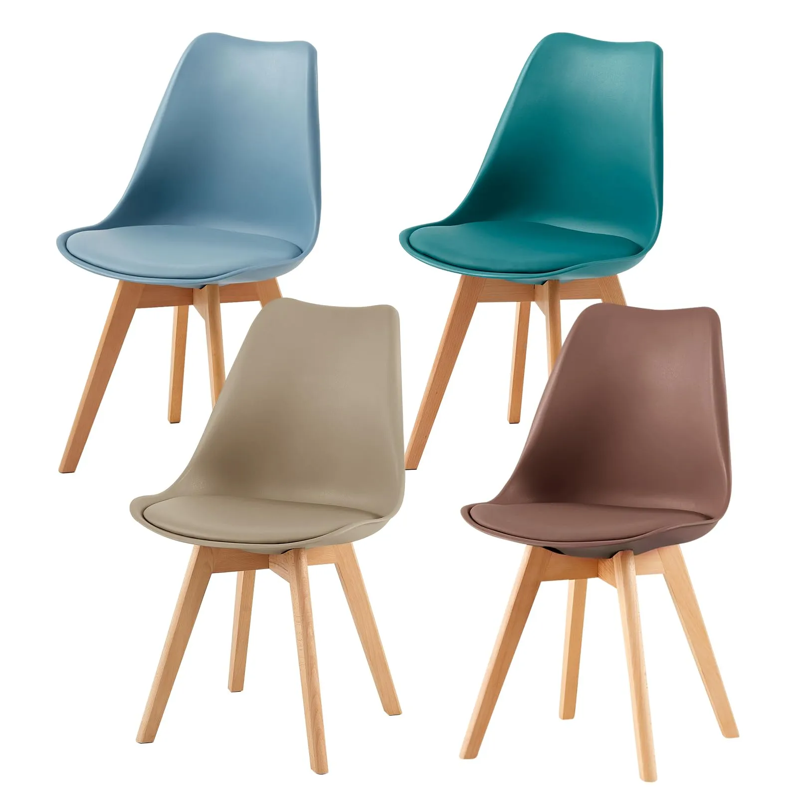 EGGREE Set di 4 Sedie da Sala da Pranzo in Faggio Massiccio e PU, Design Moderno Scandinavo, Morandi Azzurro, Turchese, Kaki Chiaro, Marrone Cioccolato - immagine 1