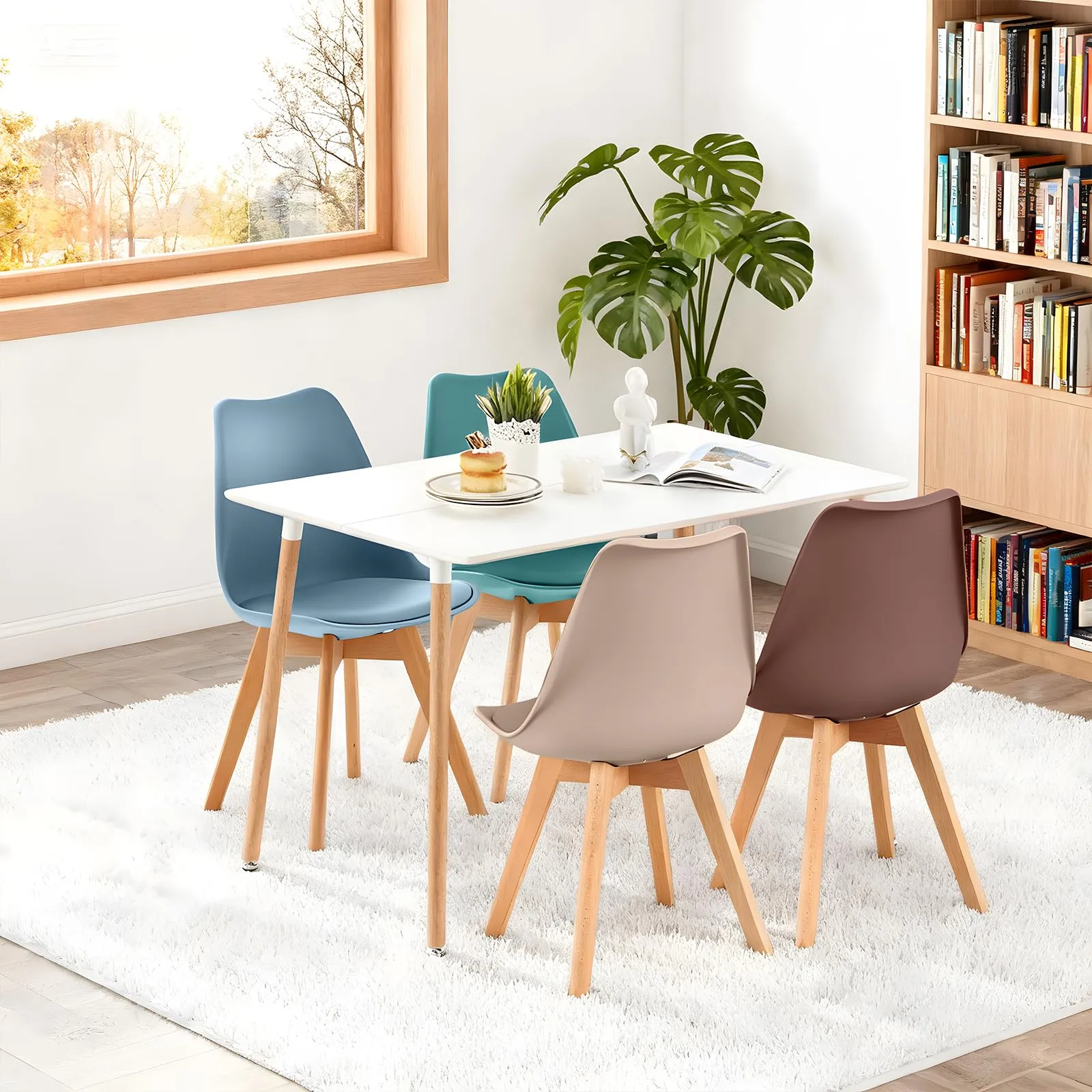 EGGREE Set di 4 Sedie da Sala da Pranzo in Faggio Massiccio e PU, Design Moderno Scandinavo, Morandi Azzurro, Turchese, Kaki Chiaro, Marrone Cioccolato - immagine 6