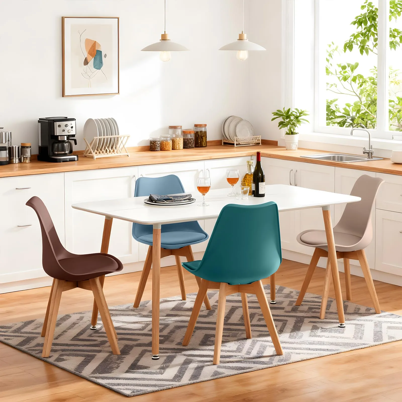 EGGREE Set di 4 Sedie da Sala da Pranzo in Faggio Massiccio e PU, Design Moderno Scandinavo, Morandi Azzurro, Turchese, Kaki Chiaro, Marrone Cioccolato - immagine 8