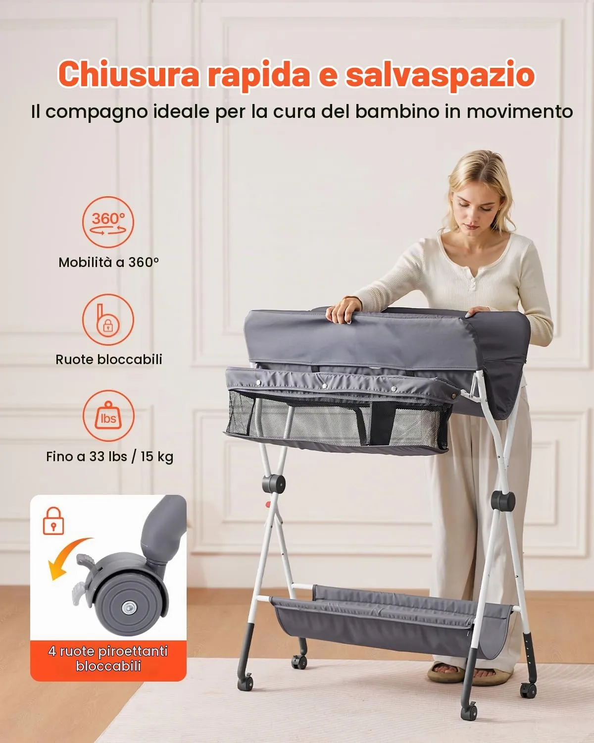 VEVOR Fasciatoio per Neonati Pieghevole con Cestino Laterale, Altezza Regolabile e Ruote, Grigio Scuro - immagine 3