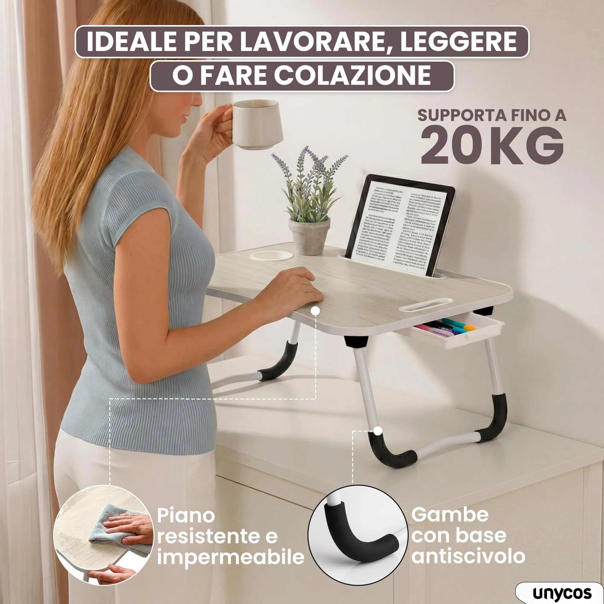 unycos Tavolino Pieghevole da Letto 60x40x26 cm, Avorio, con Cassetto - immagine 2