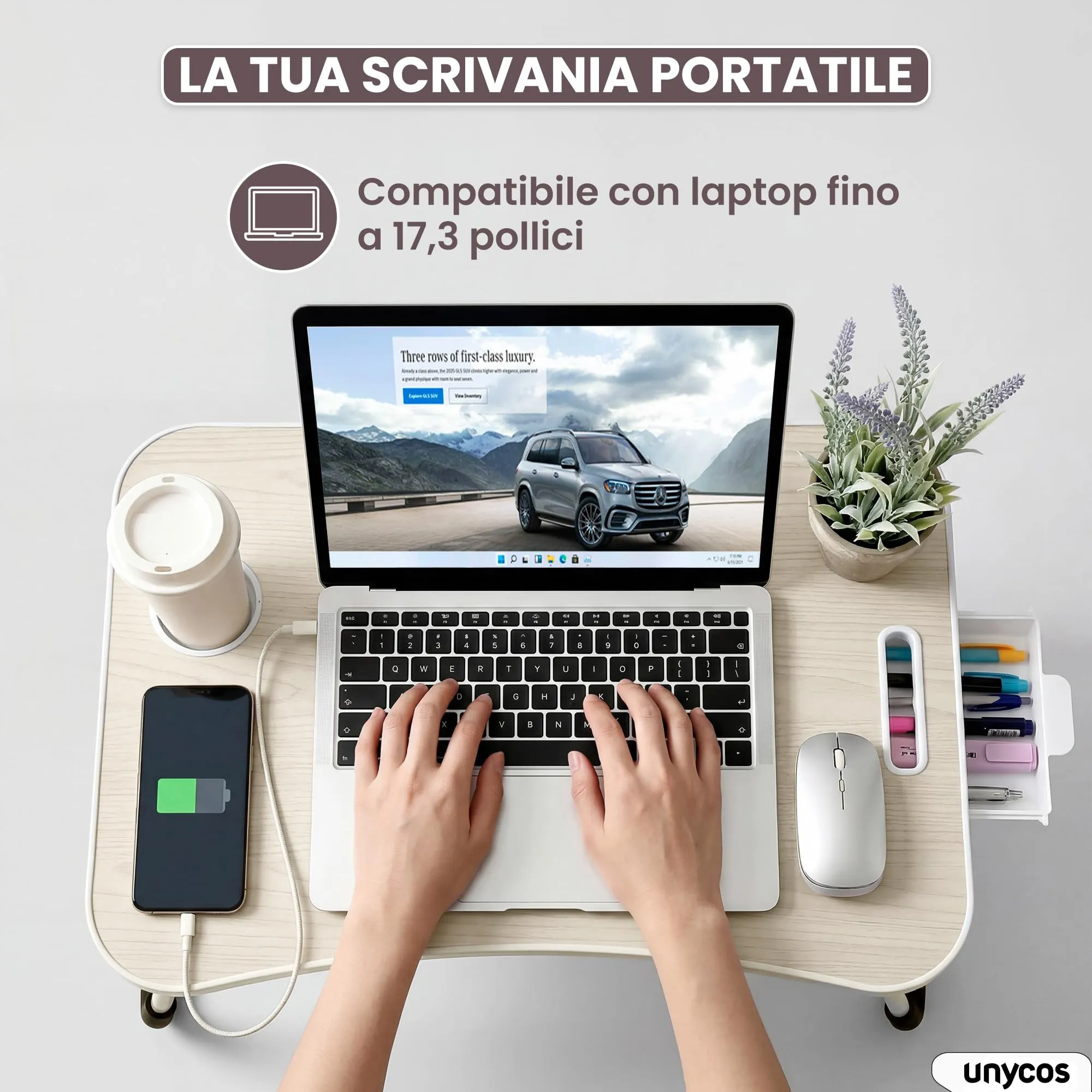 unycos Tavolino Pieghevole da Letto 60x40x26 cm, Avorio, con Cassetto - immagine 3