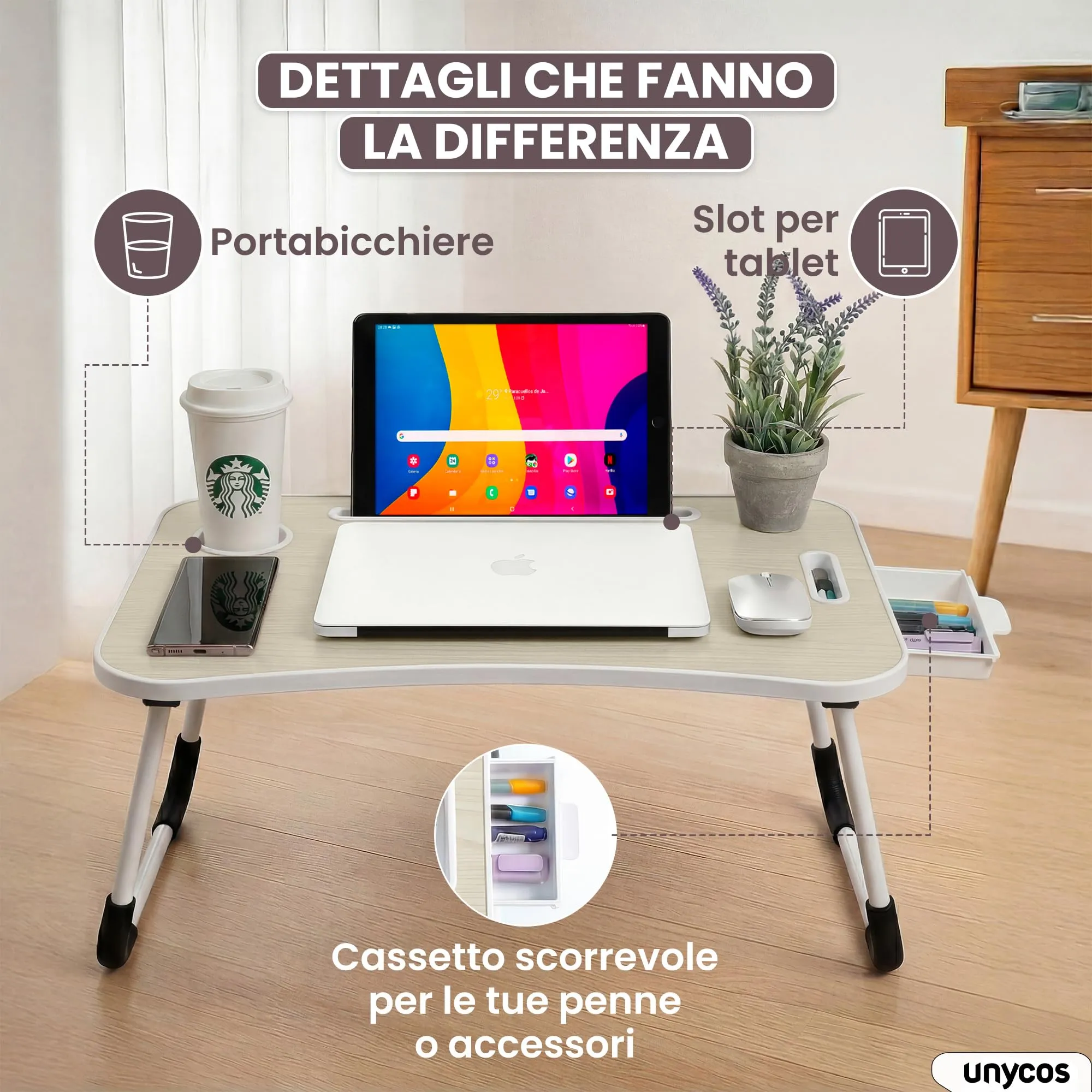unycos Tavolino Pieghevole da Letto 60x40x26 cm, Avorio, con Cassetto - immagine 4