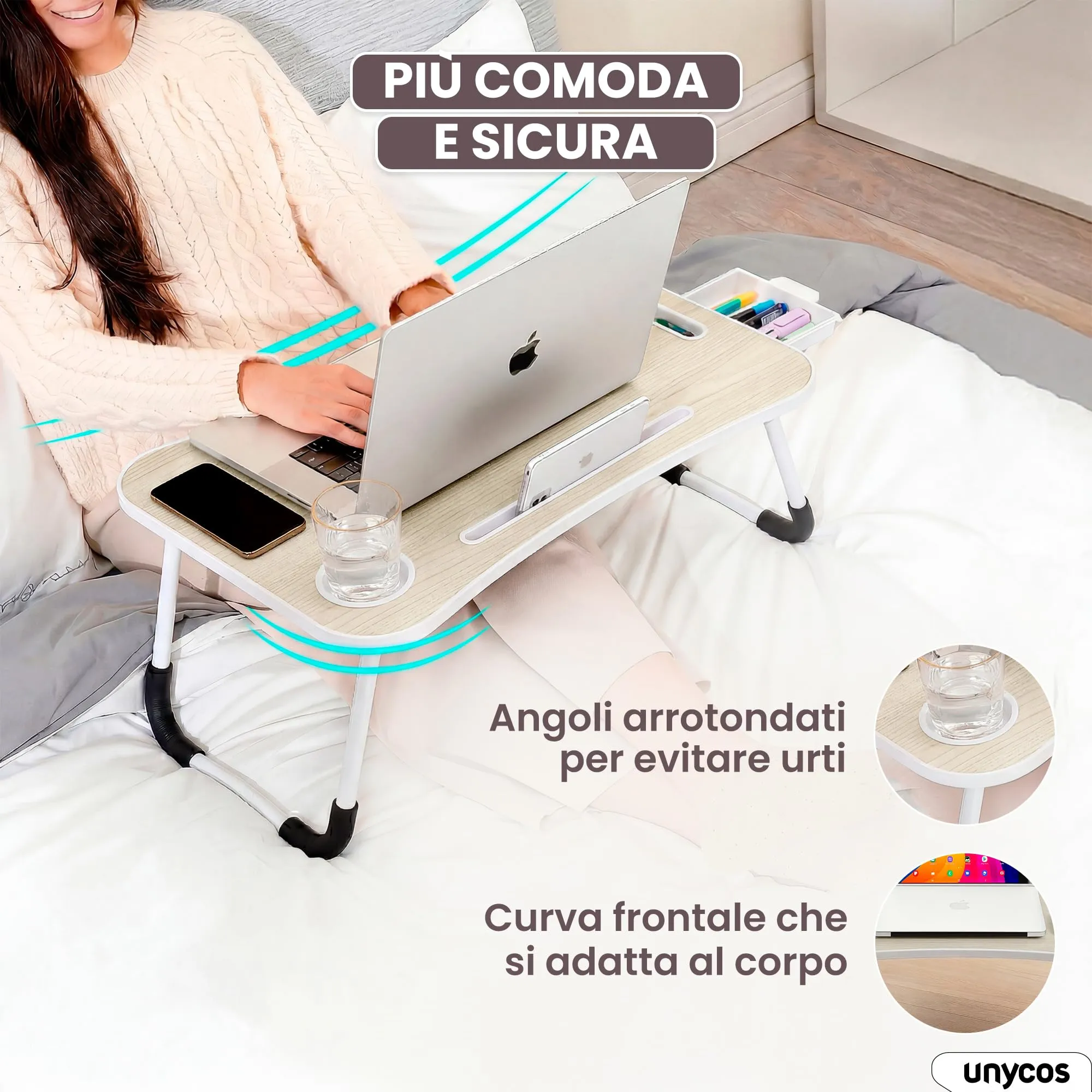 unycos Tavolino Pieghevole da Letto 60x40x26 cm, Avorio, con Cassetto - immagine 5