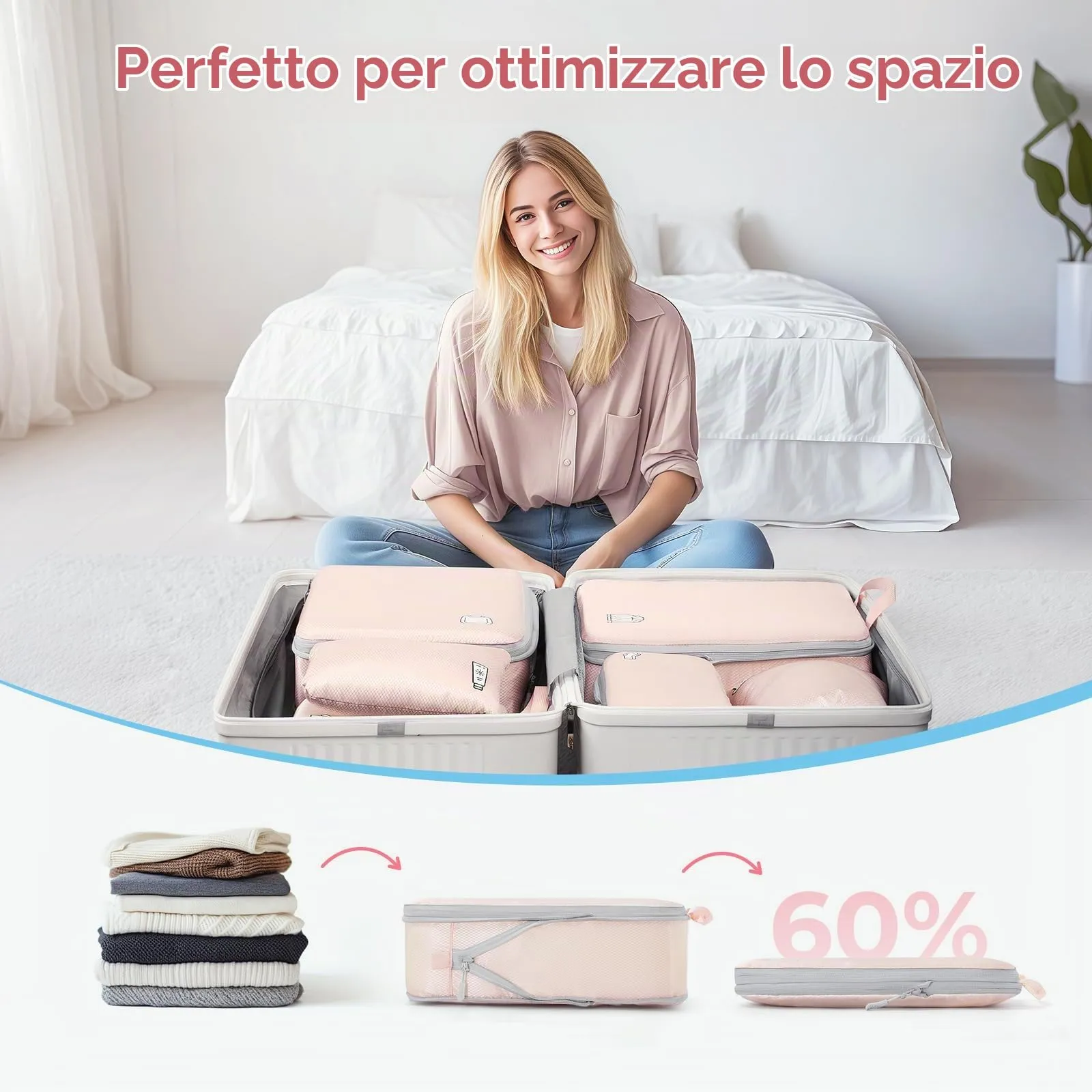 Samfolk Set 8 Packing Cubes Compression Organizer per Valigia e Viaggio, Rosa - immagine 2