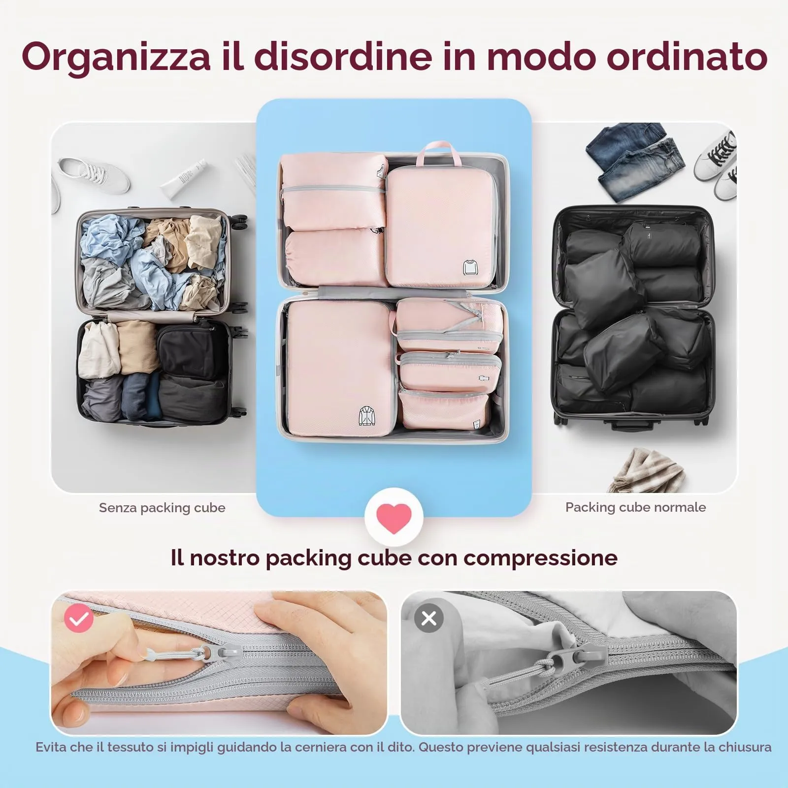Samfolk Set 8 Packing Cubes Compression Organizer per Valigia e Viaggio, Rosa - immagine 5