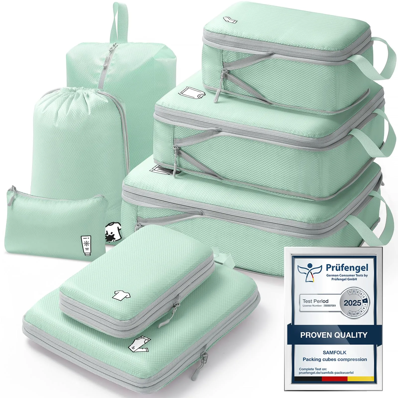 Samfolk Set di 8 Packing Cubes a Compressione per Valigia e Viaggio, Verde - immagine 1