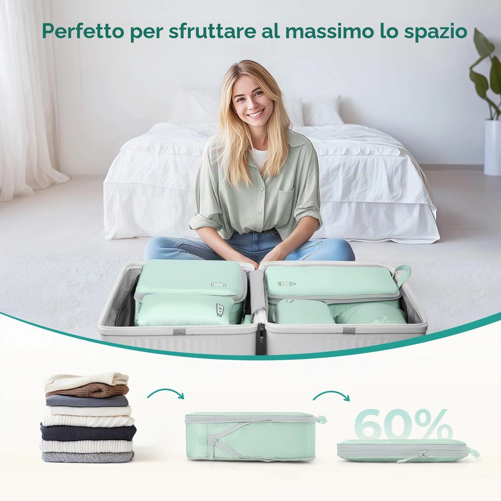 Samfolk Set di 8 Packing Cubes a Compressione per Valigia e Viaggio, Verde - immagine 4