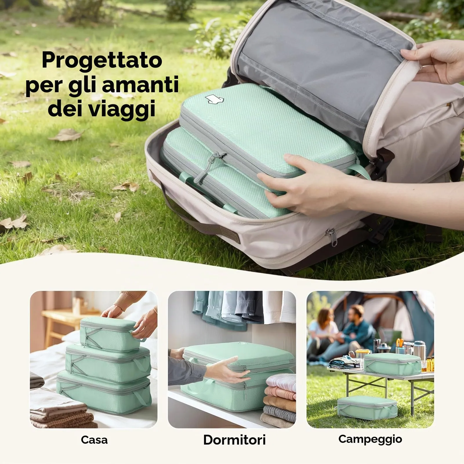 Samfolk Set di 8 Packing Cubes a Compressione per Valigia e Viaggio, Verde - immagine 8