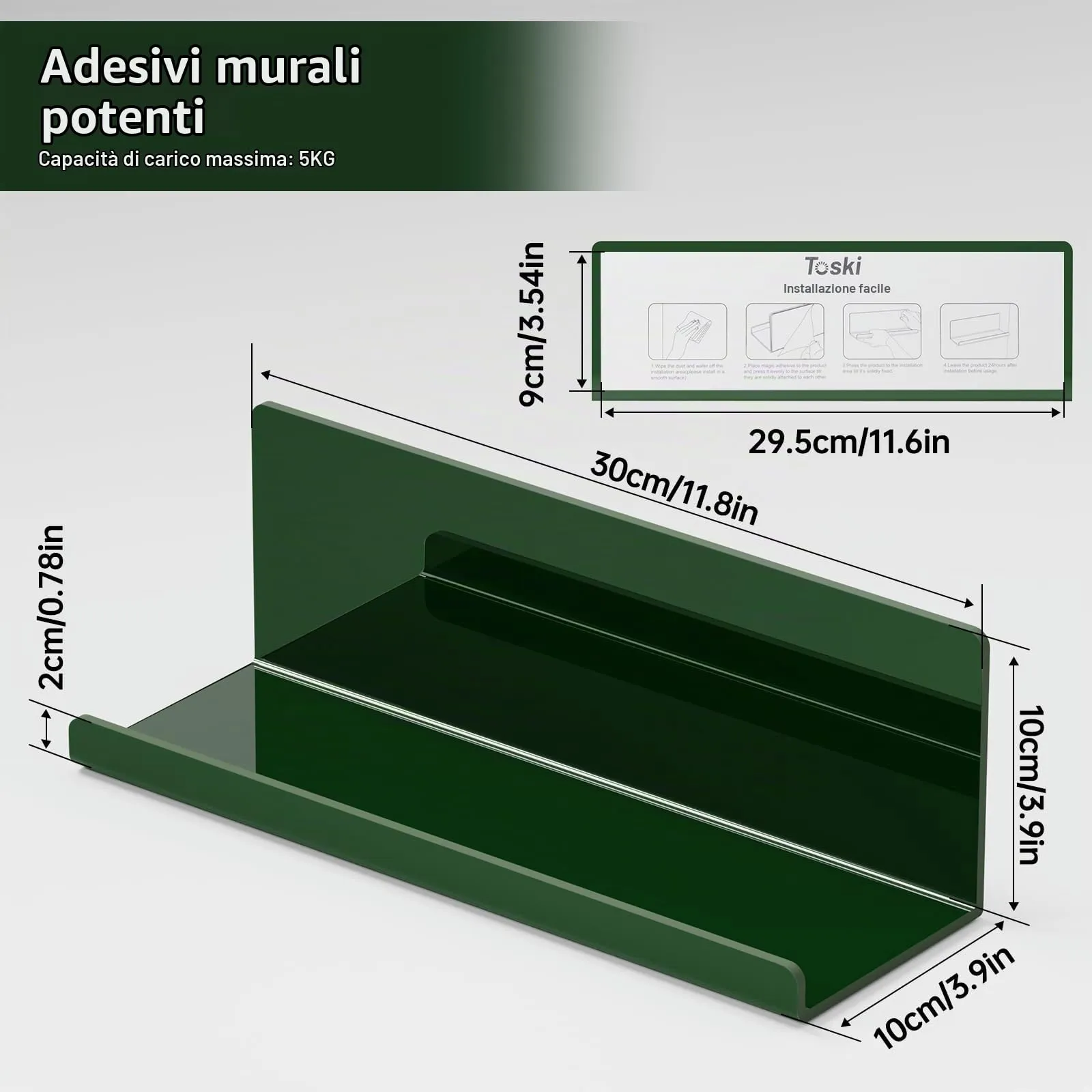 Toski Mensola da Parete Acrilica, 2 Pezzi, 30x10 cm, Verde - immagine 5