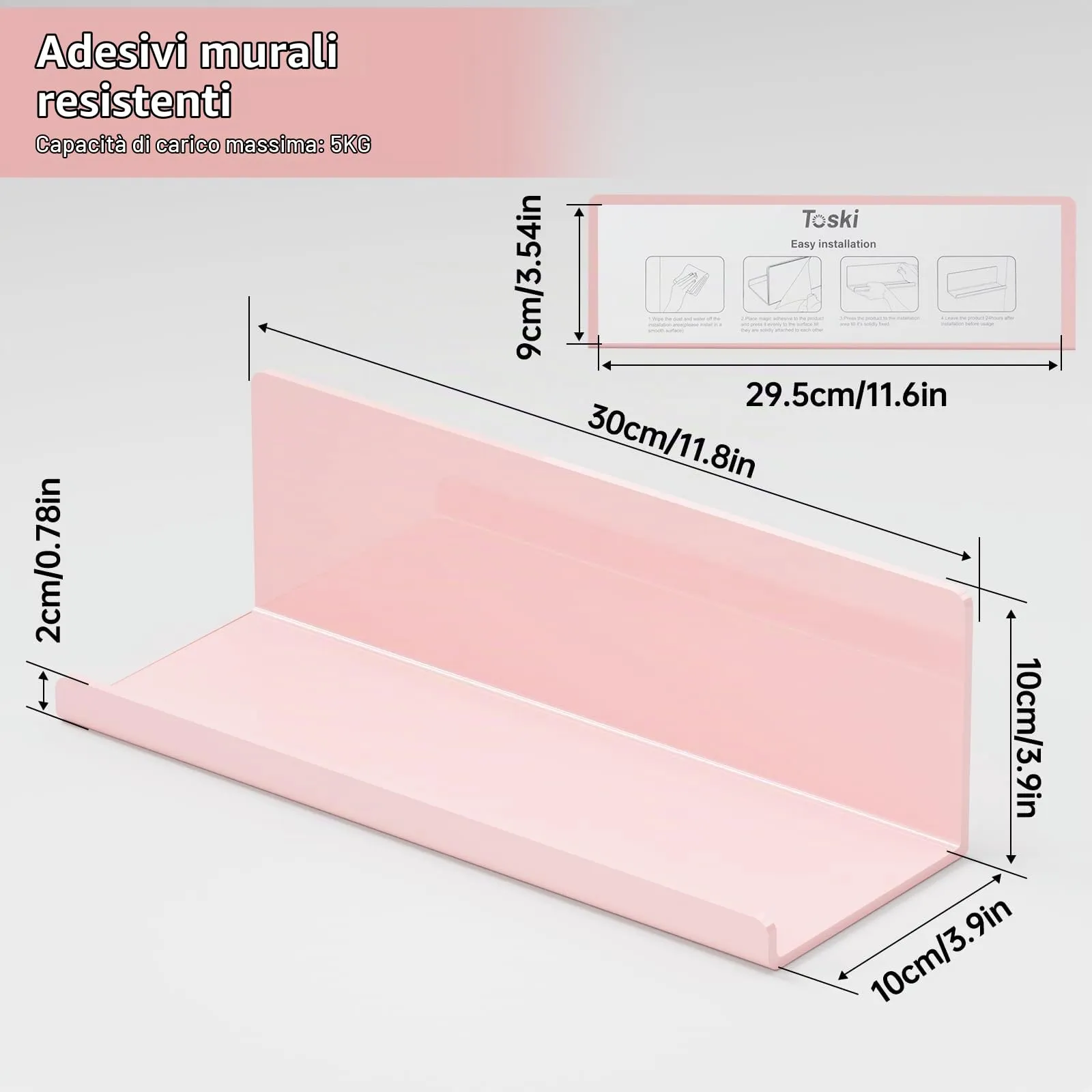 Toski Mensola da Parete in Acrilico, 2 Pezzi, 30×10cm, Rosa - immagine 5