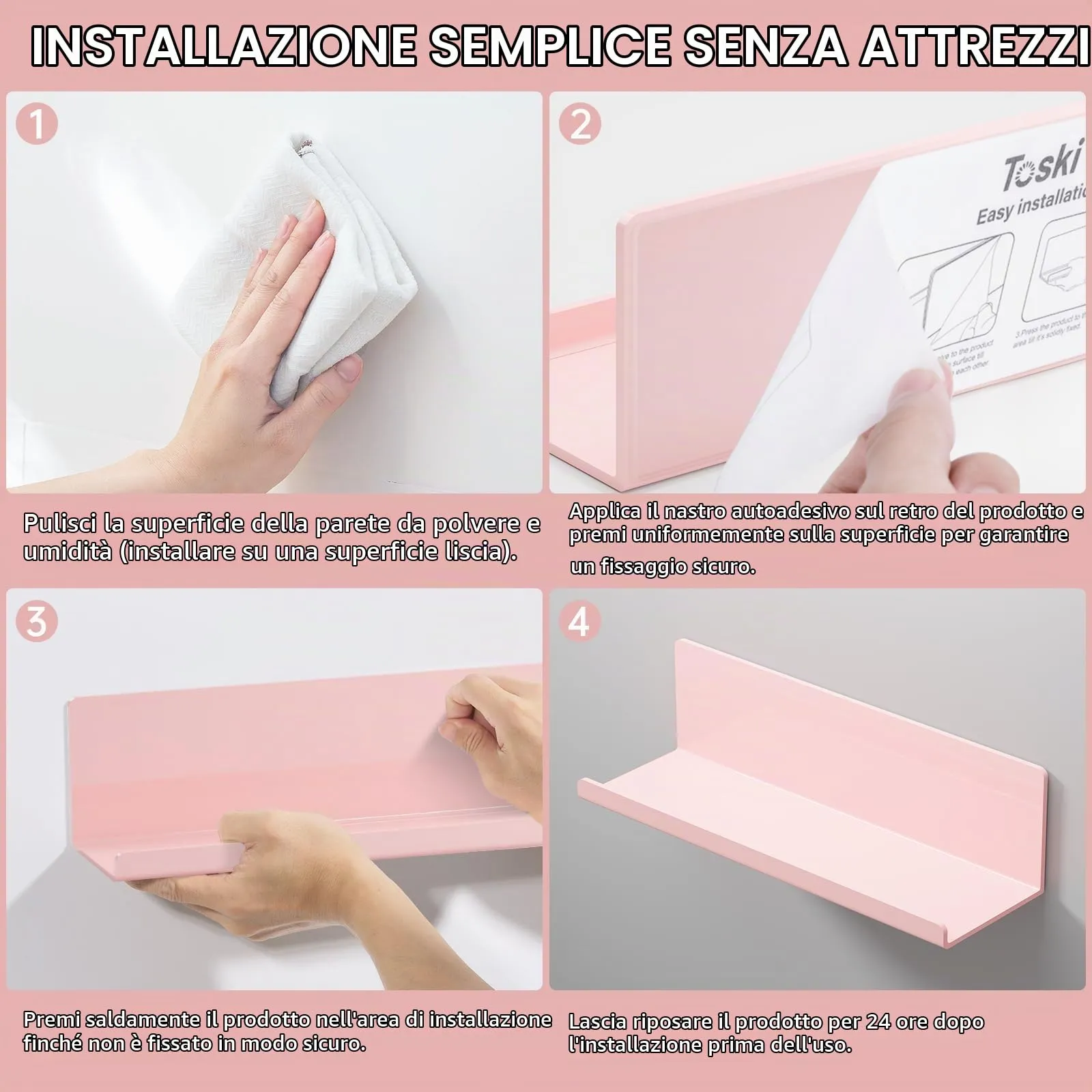 Toski Mensola da Parete in Acrilico, 2 Pezzi, 30×10cm, Rosa - immagine 6