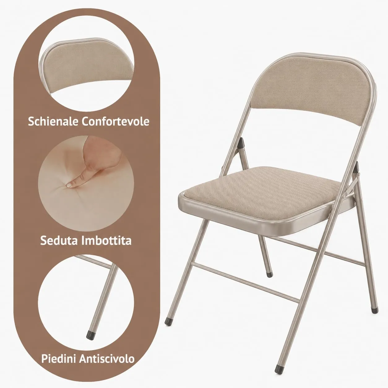 Asdsed Set di 4 Sedie Pieghevoli Imbottite, Portata 160 kg, Cachi - immagine 6