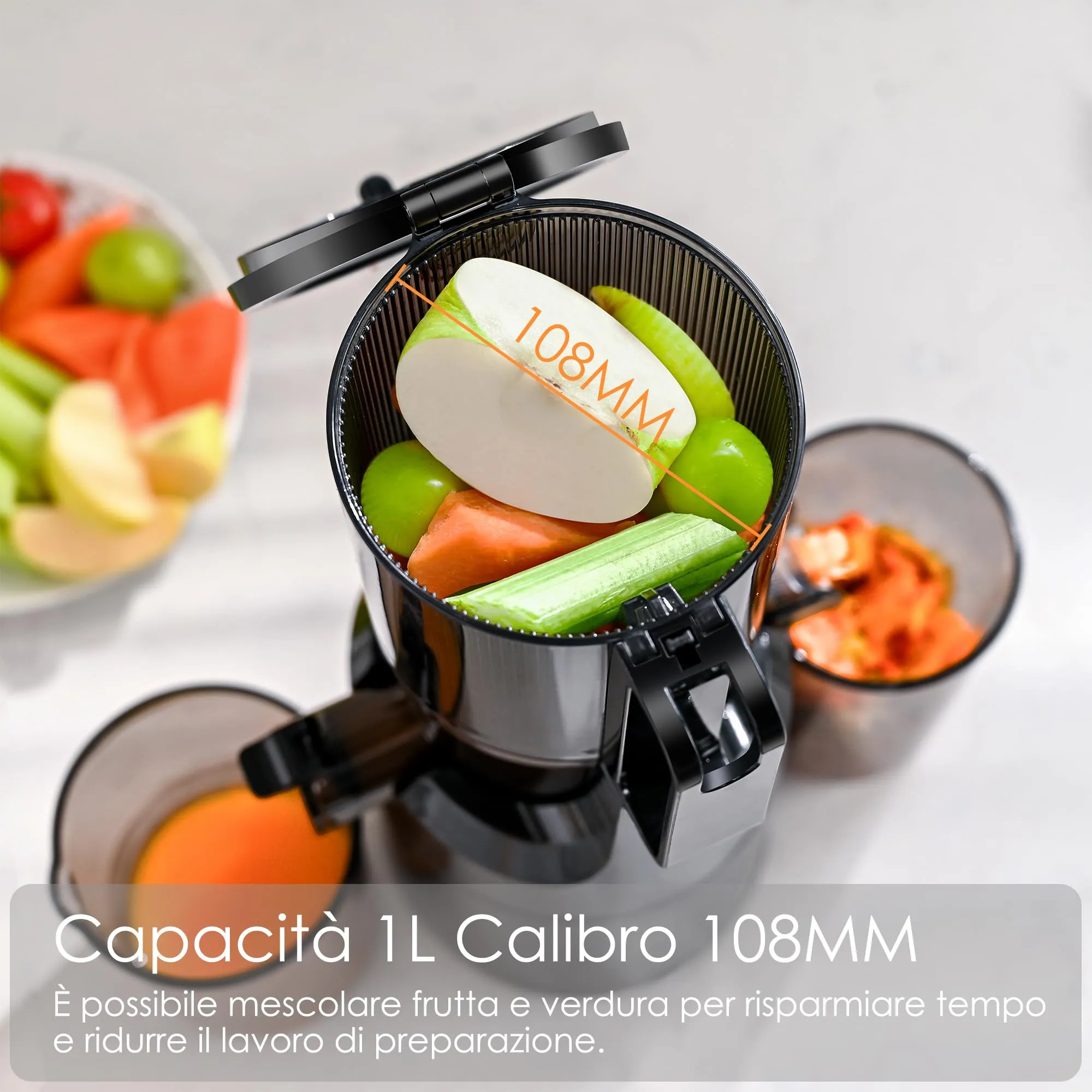 Fretta Estrattore di Succo Centrifuga Lenta, 200W, Capacità 1L, Apertura 108mm, Senza BPA - immagine 2