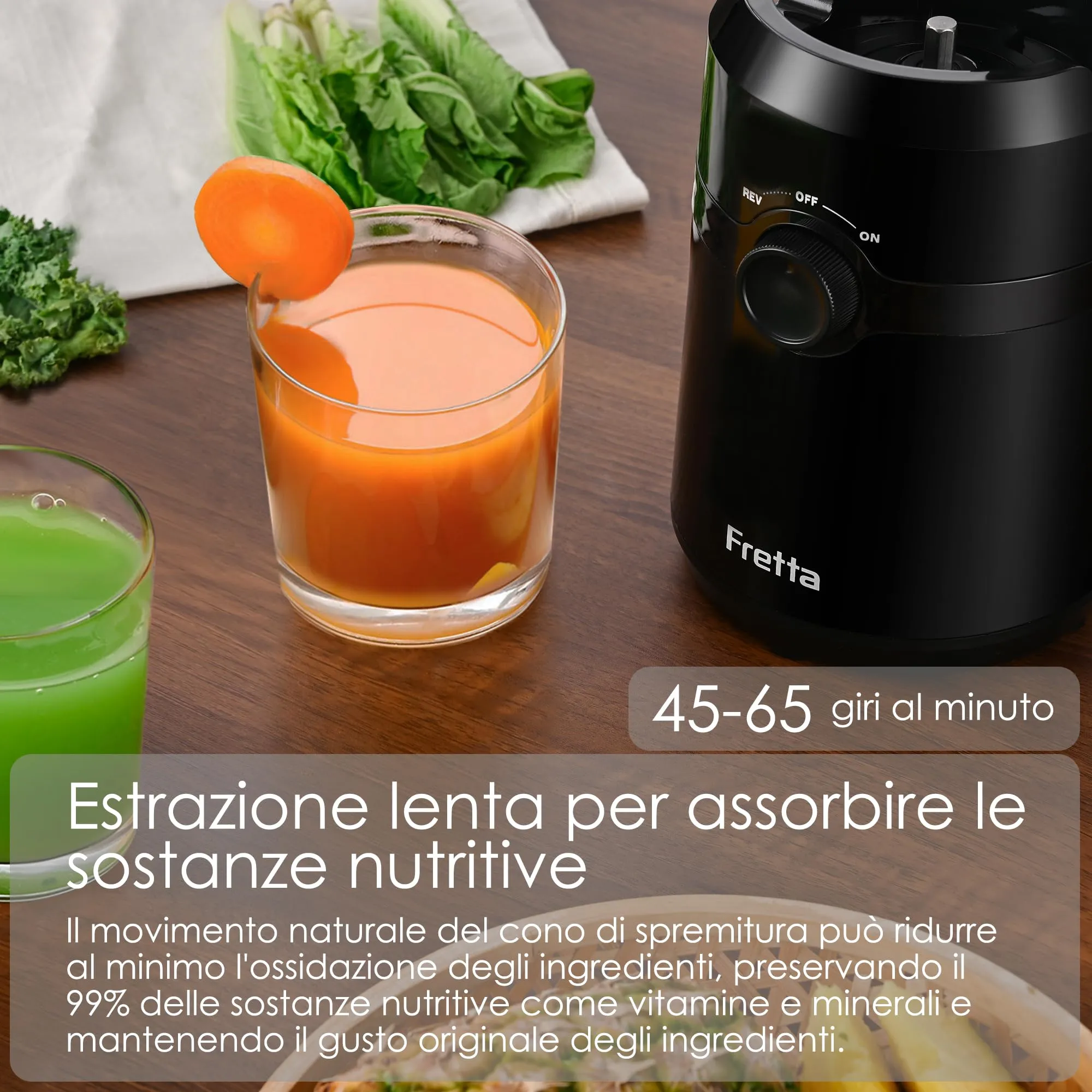Fretta Estrattore di Succo Centrifuga Lenta, 200W, Capacità 1L, Apertura 108mm, Senza BPA - immagine 4