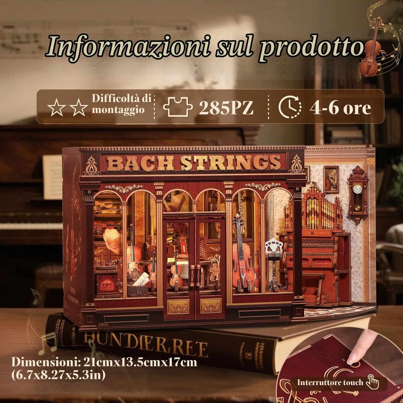 CUTEBEE Book Nook Kit - Bach Strings Classical Music Miniature Dollhouse with LED Lights - immagine 2