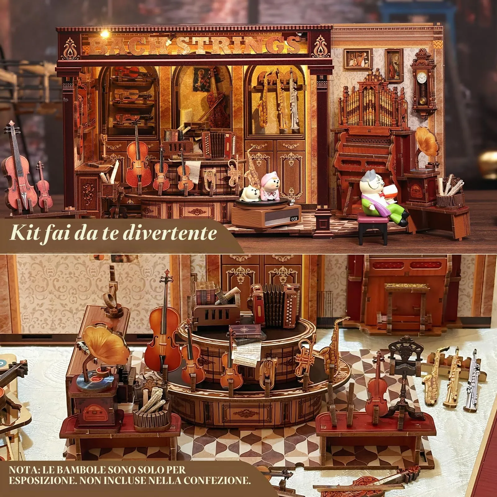 CUTEBEE Book Nook Kit - Bach Strings Classical Music Miniature Dollhouse with LED Lights - immagine 3