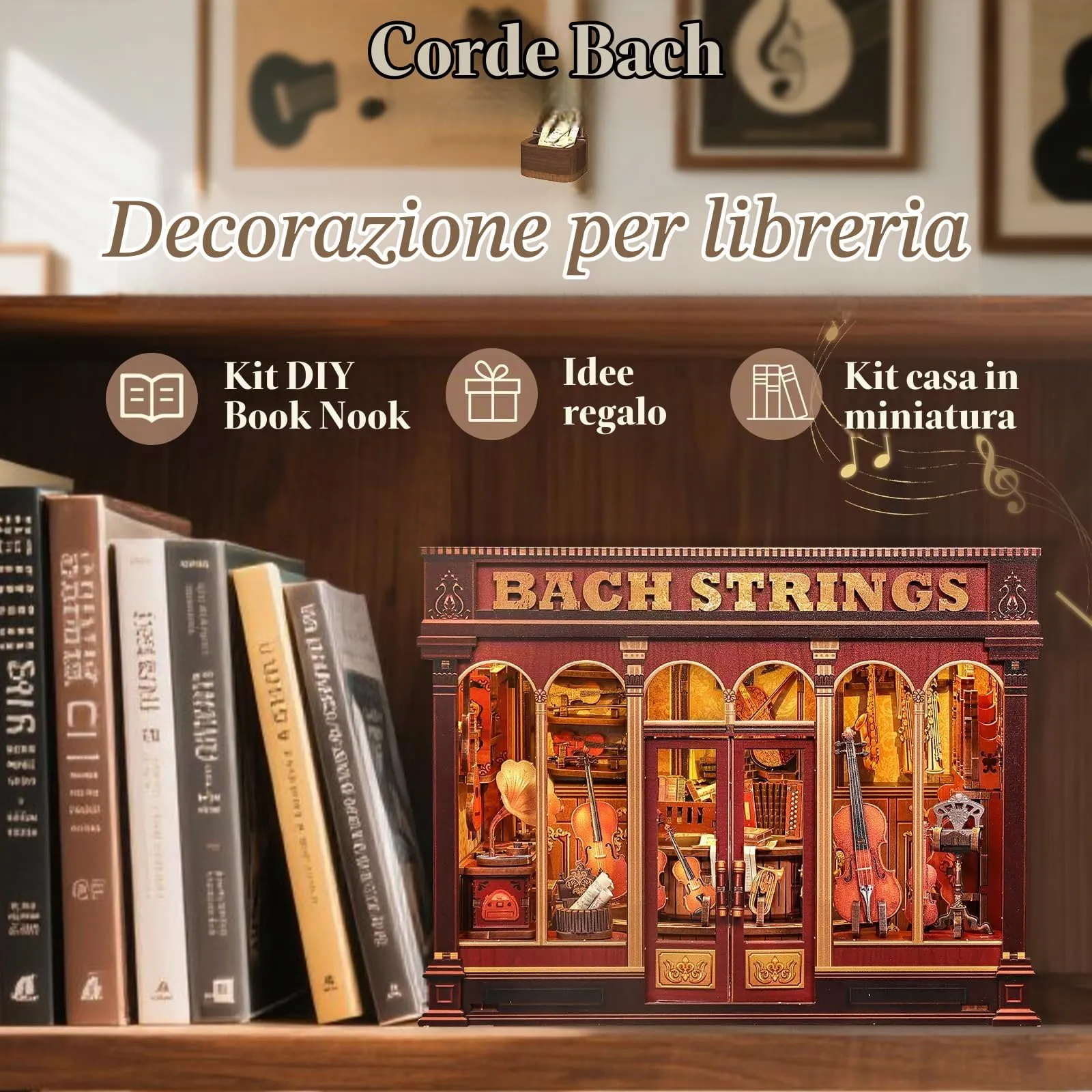 CUTEBEE Book Nook Kit - Bach Strings Classical Music Miniature Dollhouse with LED Lights - immagine 4