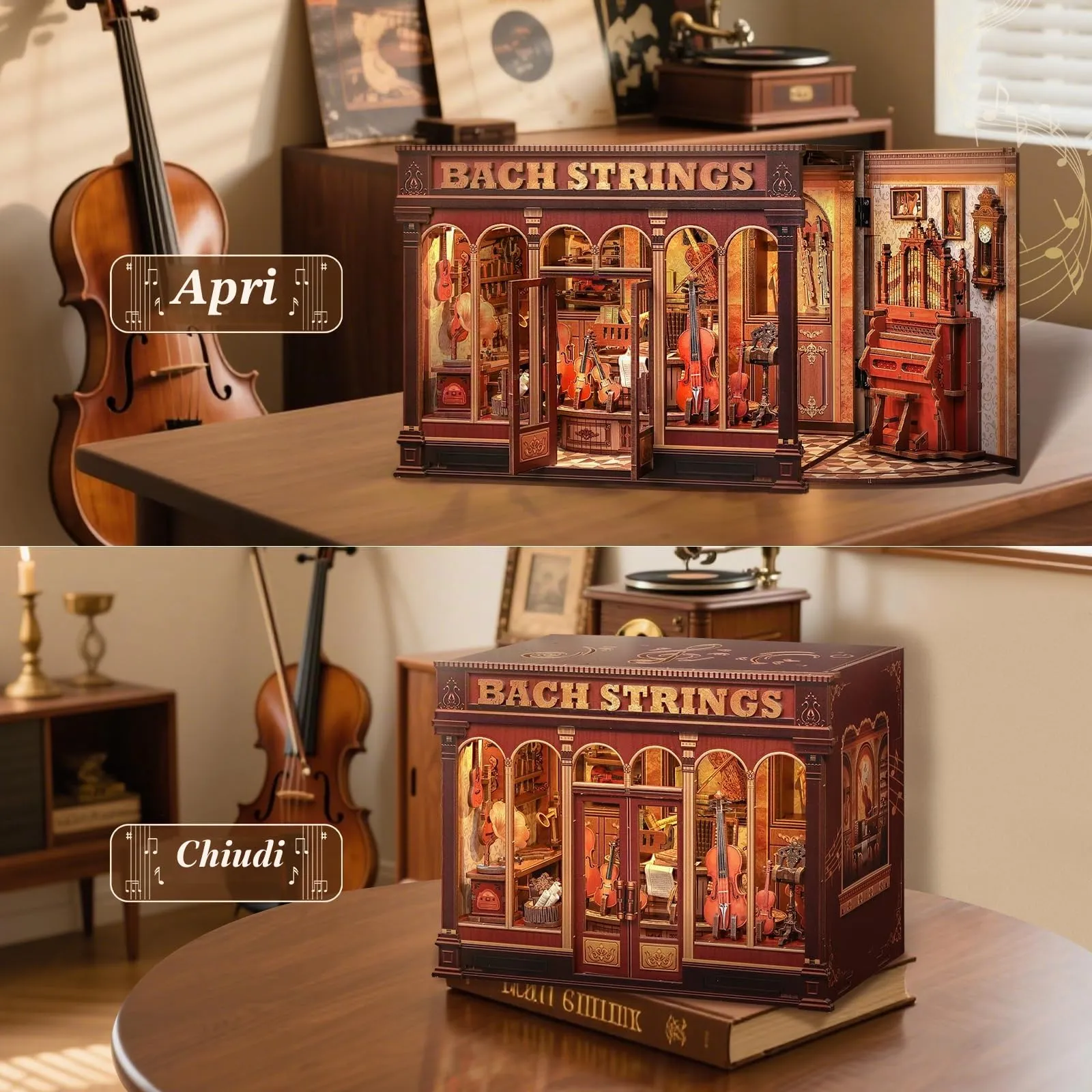 CUTEBEE Book Nook Kit - Bach Strings Classical Music Miniature Dollhouse with LED Lights - immagine 5