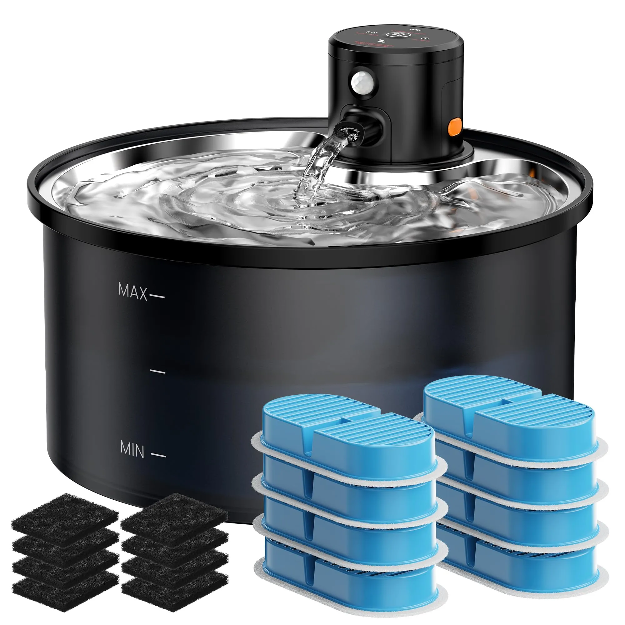 VKIMISS Fontana per Gatti Senza Fili in Acciaio Inox, 3,2 L, con Sensore di Movimento, 8 Filtri a Carbone e 8 Spugne - immagine 1
