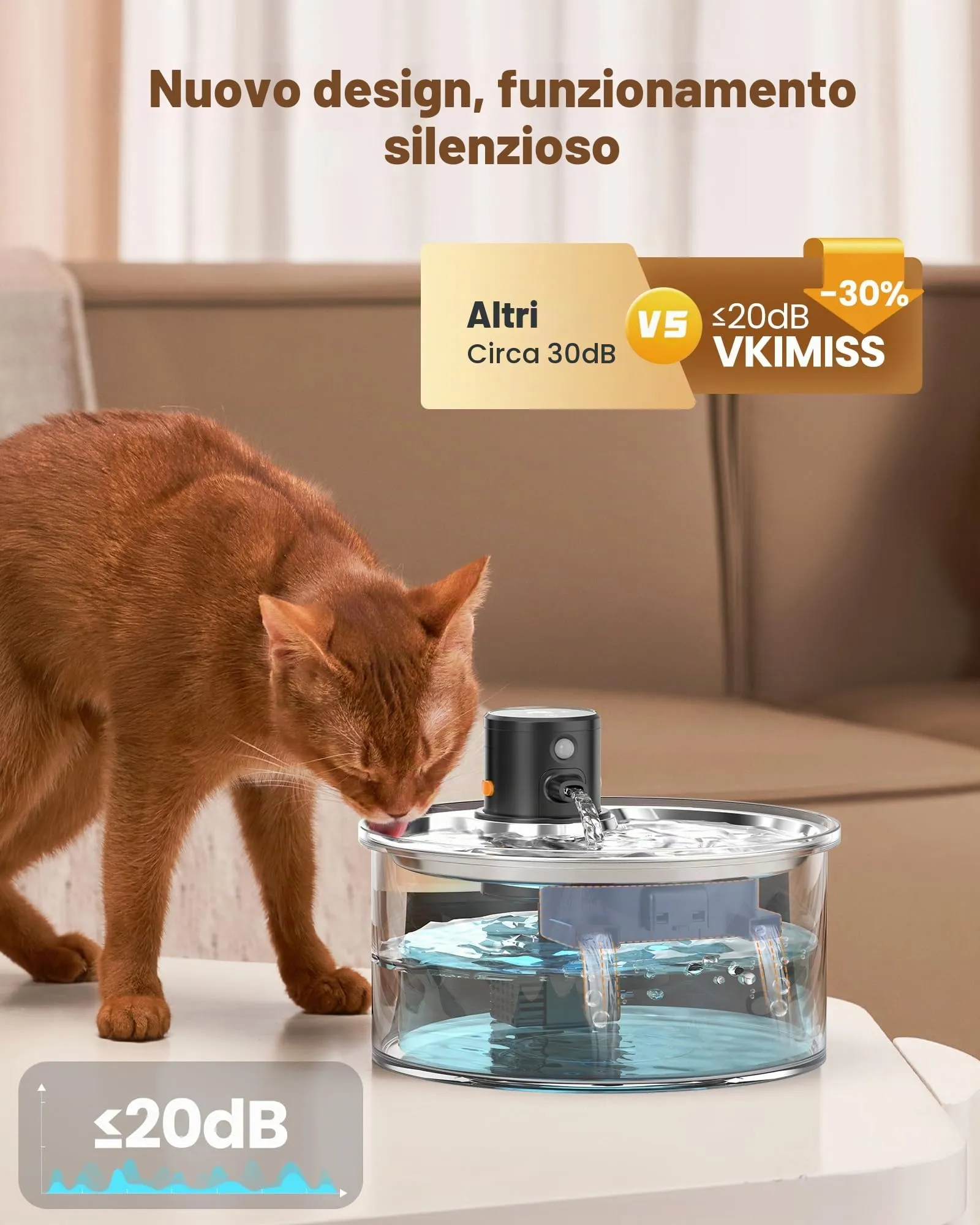 VKIMISS Fontana per Gatti Senza Fili in Acciaio Inox, 3,2 L, con Sensore di Movimento, 8 Filtri a Carbone e 8 Spugne - immagine 7
