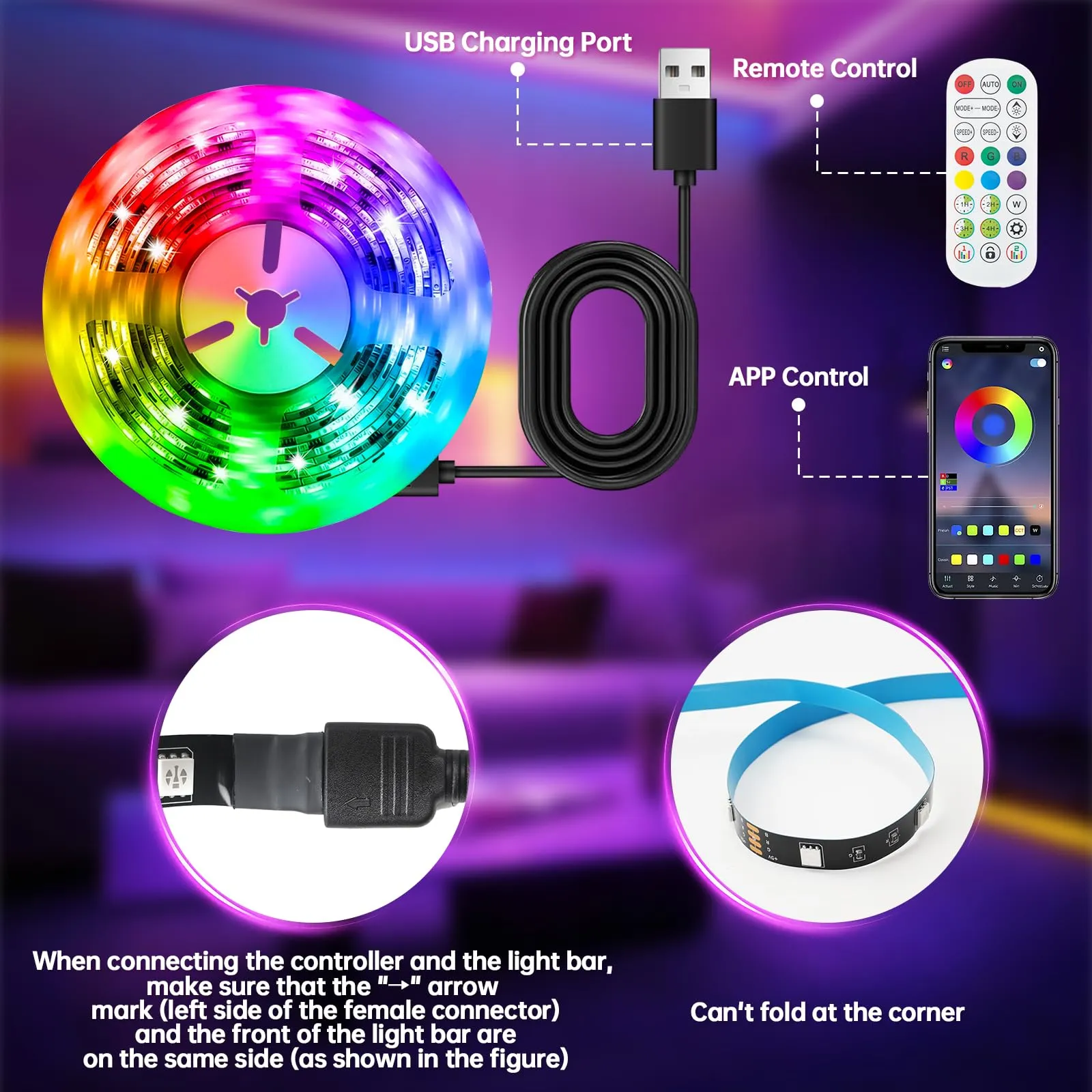Ylatoial Striscia LED TV Retroilluminazione Intelligente 3M, 16M Colori, App e Telecomando, Sincronizzazione Musica, USB, per TV 32"- 45" - immagine 4
