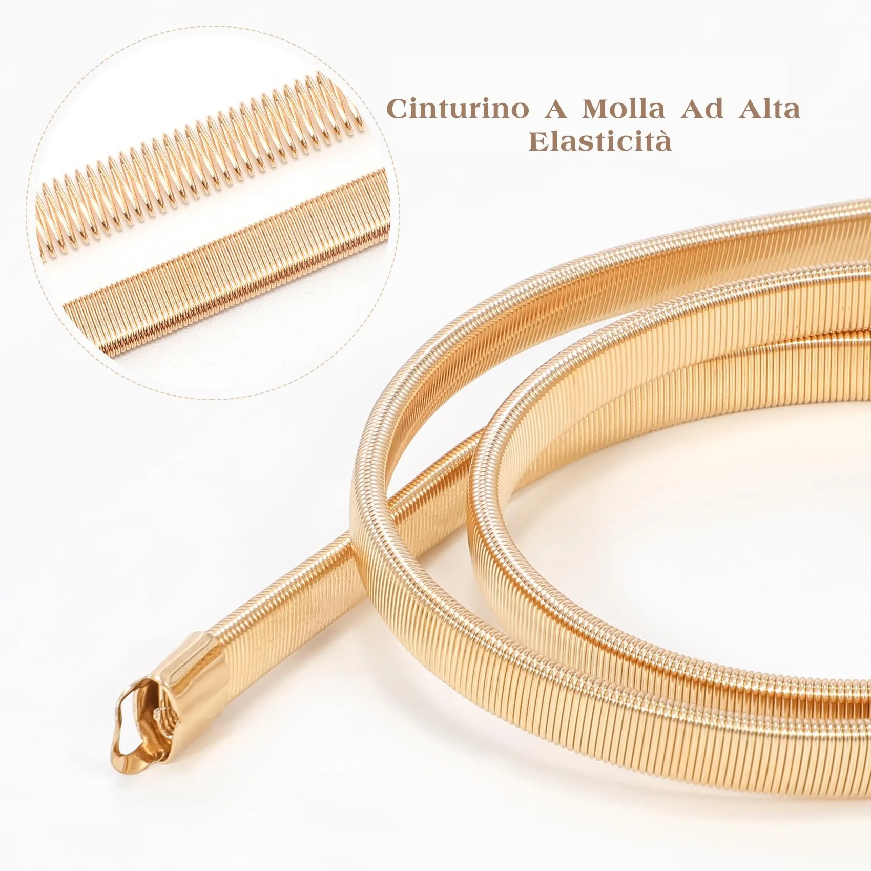 VONMELLI Cintura Sottile Elastica in Metallo per Donna, Fibbia Liscia Oro, Taglia L - immagine 5
