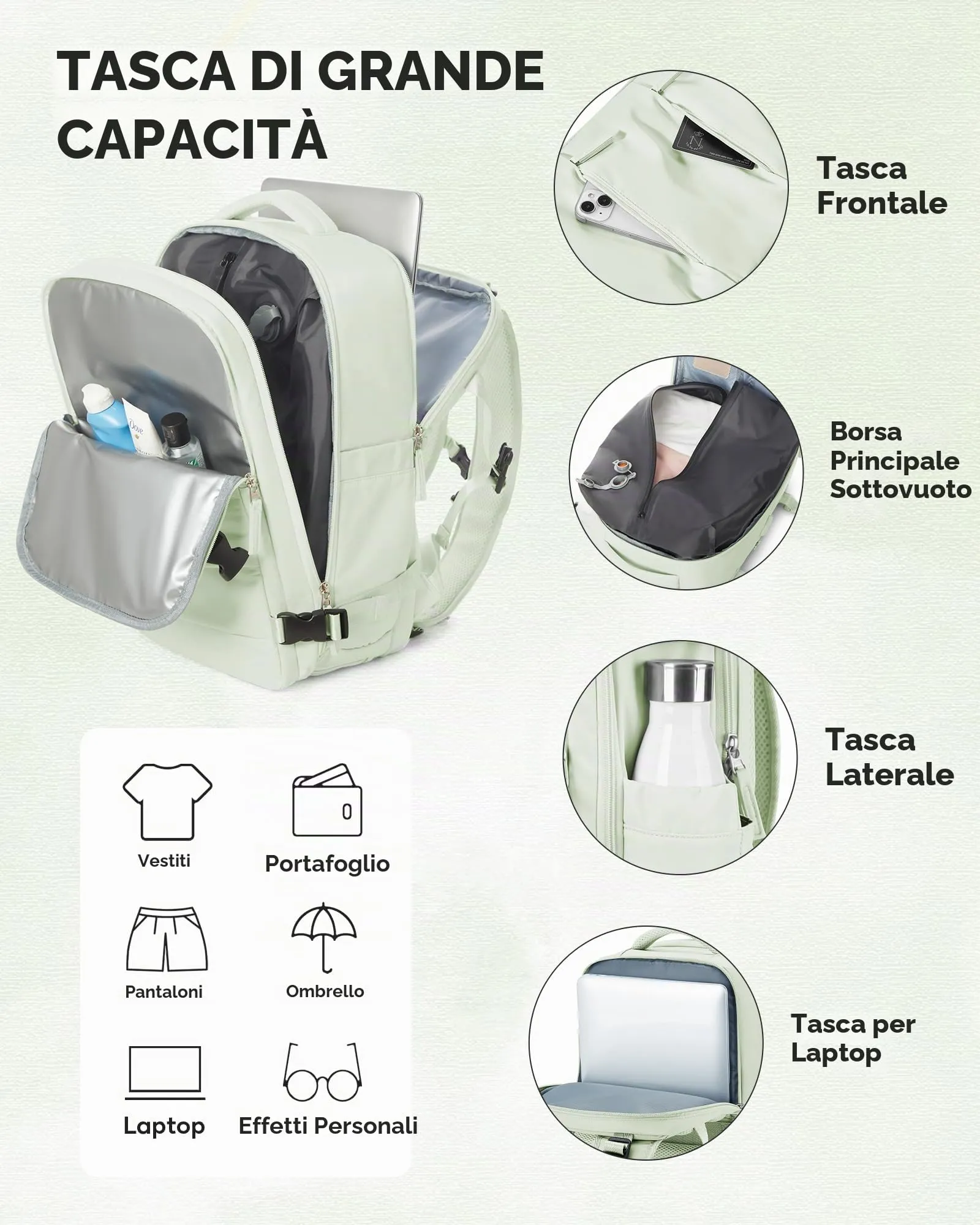 SZLX Zaino da Viaggio Sottovuoto con Pompa 40x30x20 per Ryanair e Wizzair, Impermeabile, Scomparto Laptop 14 Pollici e Scomparto Scarpe - immagine 8