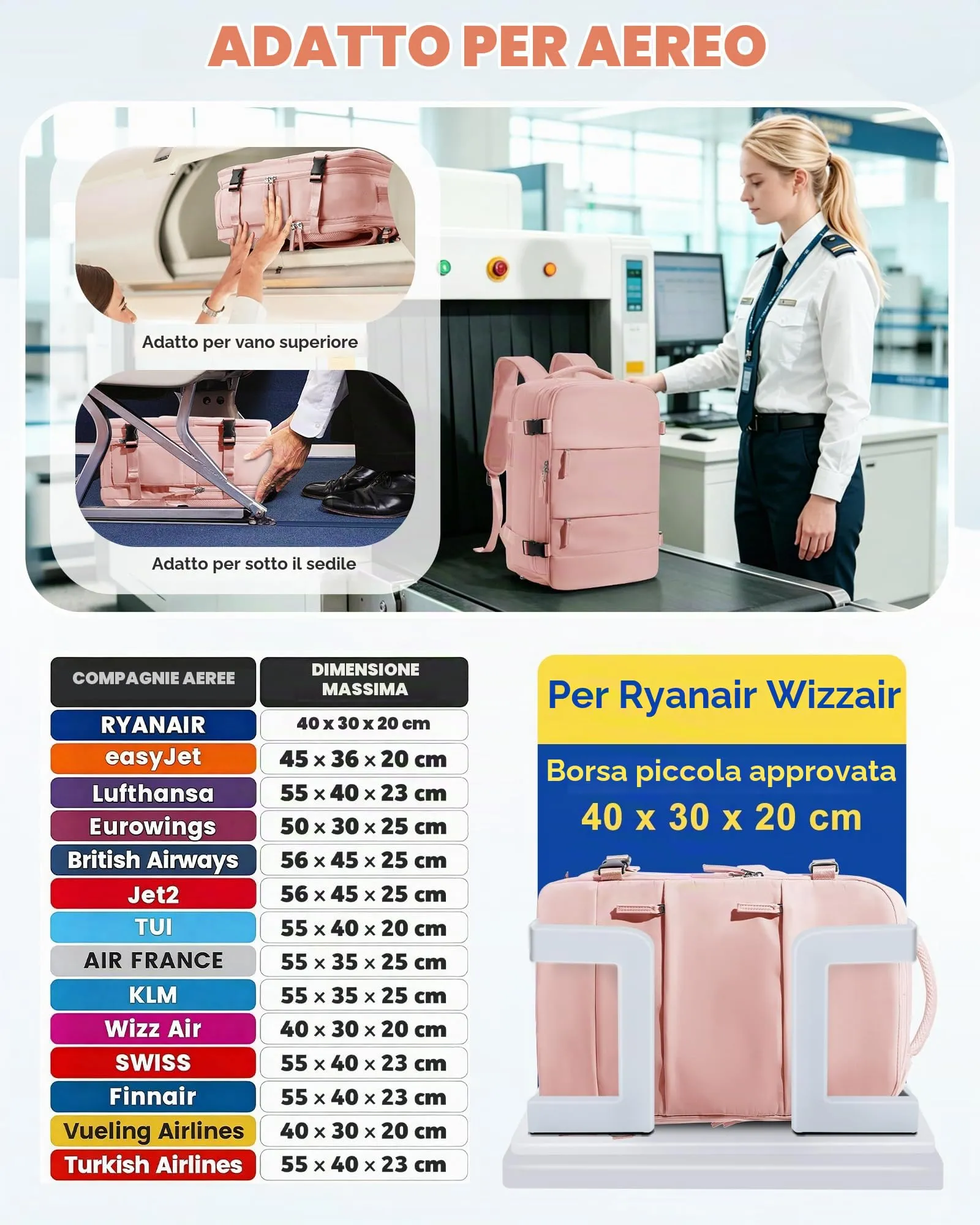 SZLX Zaino da Viaggio 40x30x20 Sottovuoto con Pompa per Ryanair e Wizzair, Impermeabile con Scomparto Scarpe e Laptop 14 Pollici - immagine 3