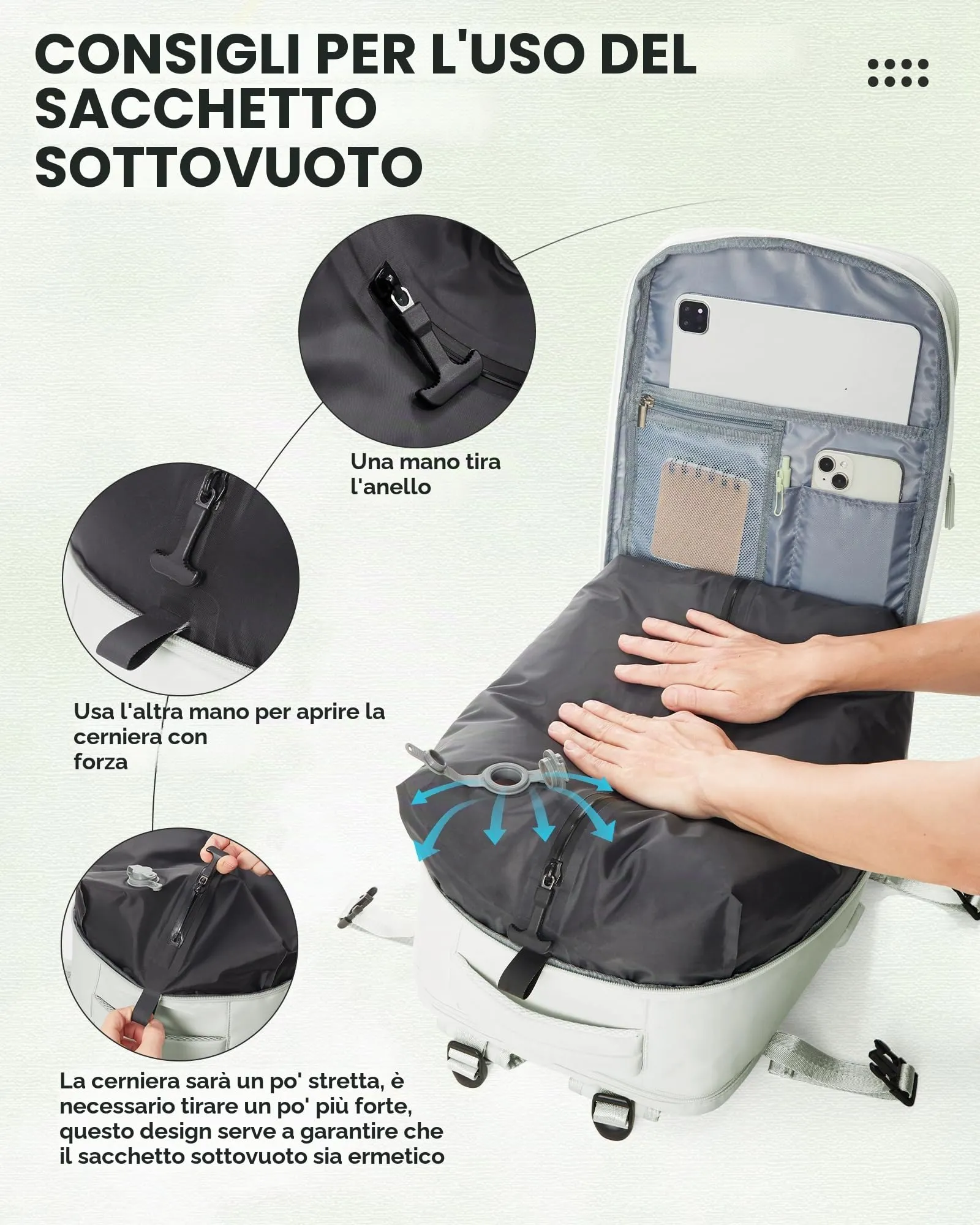 SZLX Zaino da Viaggio Sottovuoto con Pompa, 40x30x20 cm, Bagaglio a Mano Ryanair Wizzair, Impermeabile, Scomparto Laptop 14 Pollici e Scomparto Scarpe - immagine 7