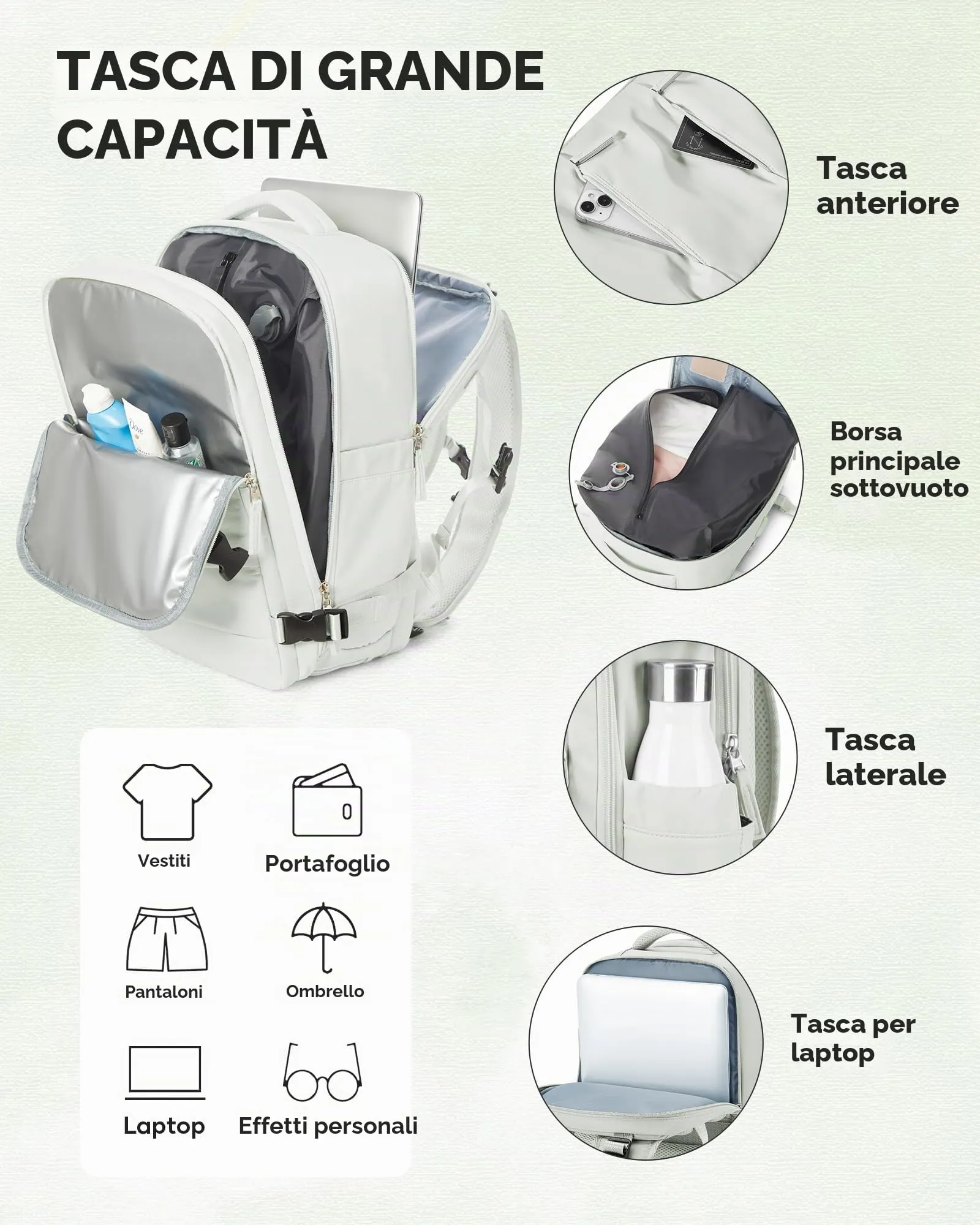SZLX Zaino da Viaggio Sottovuoto con Pompa, 40x30x20 cm, Bagaglio a Mano Ryanair Wizzair, Impermeabile, Scomparto Laptop 14 Pollici e Scomparto Scarpe - immagine 8