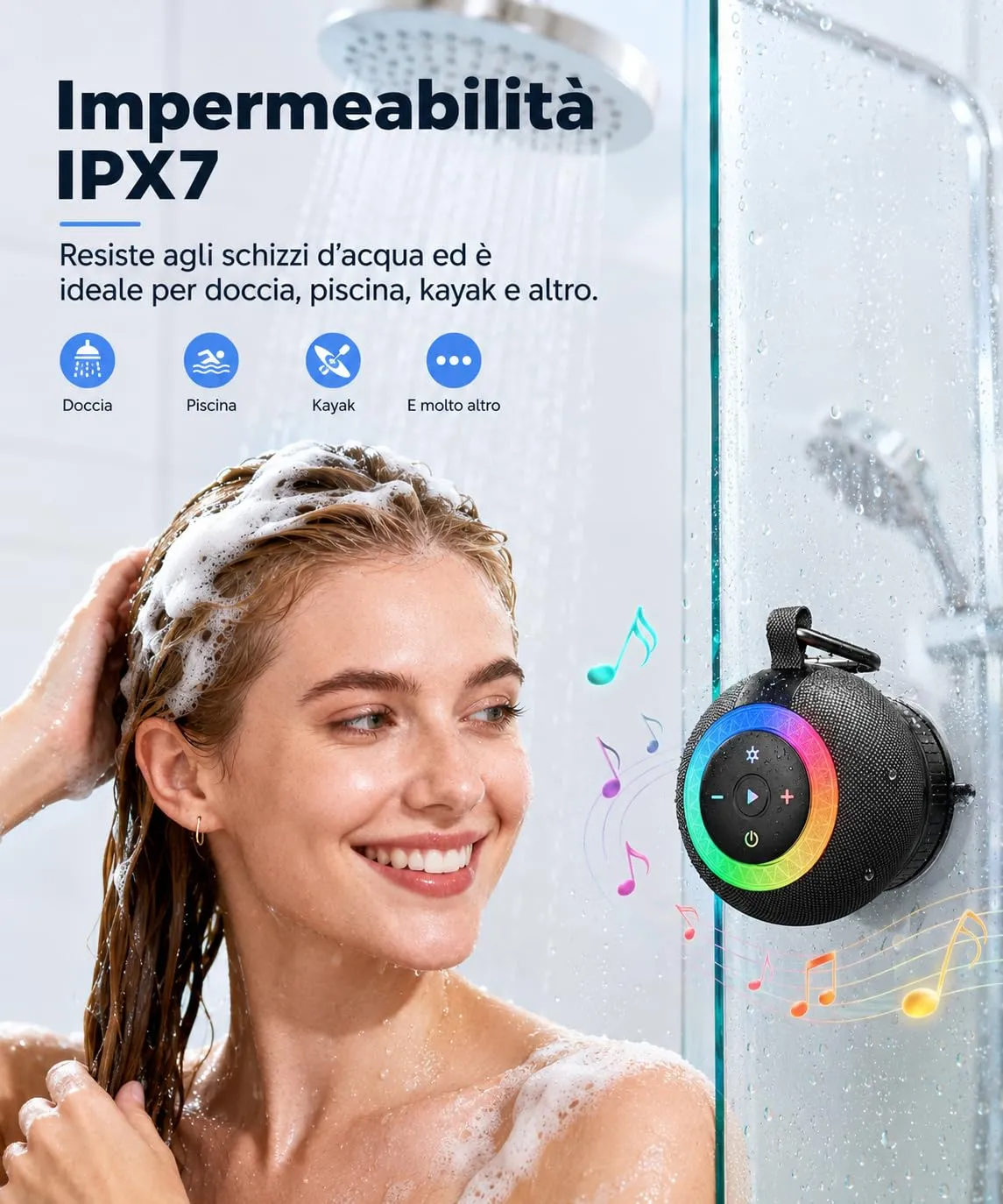 UOHHBOE Cassa Bluetooth Doccia IPX7 con Ventosa e Supporto Schede TF - immagine 2
