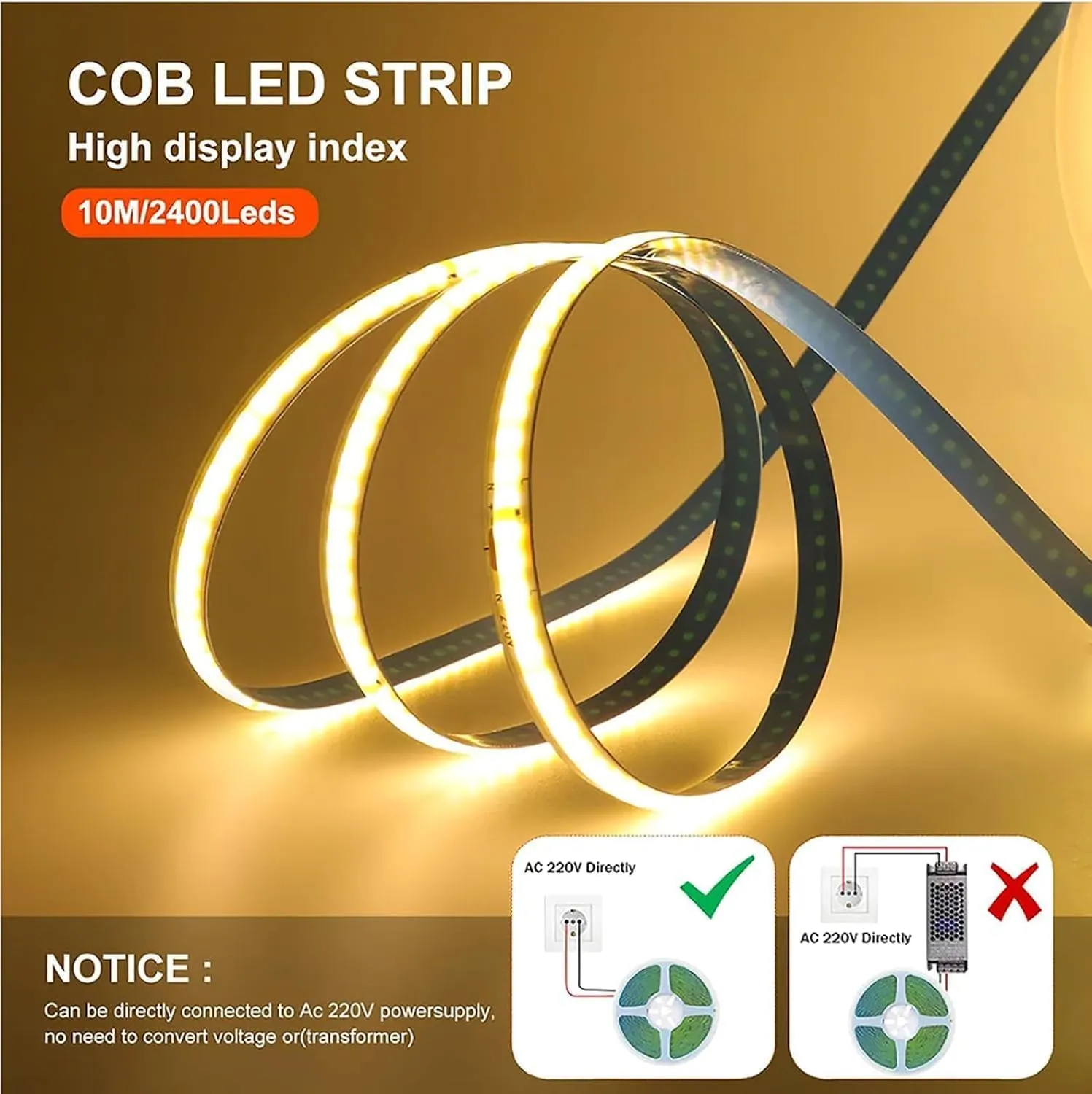 TOPXCDZ Striscia LED COB 220V 6000K Bianco 10m - immagine 4