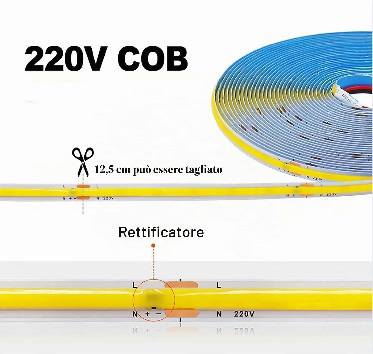 TOPXCDZ COB LED Striscia Luminosa Flessibile 220V Smart IC 296 LED RA90 Bianco Caldo 3000K 1m - immagine 3