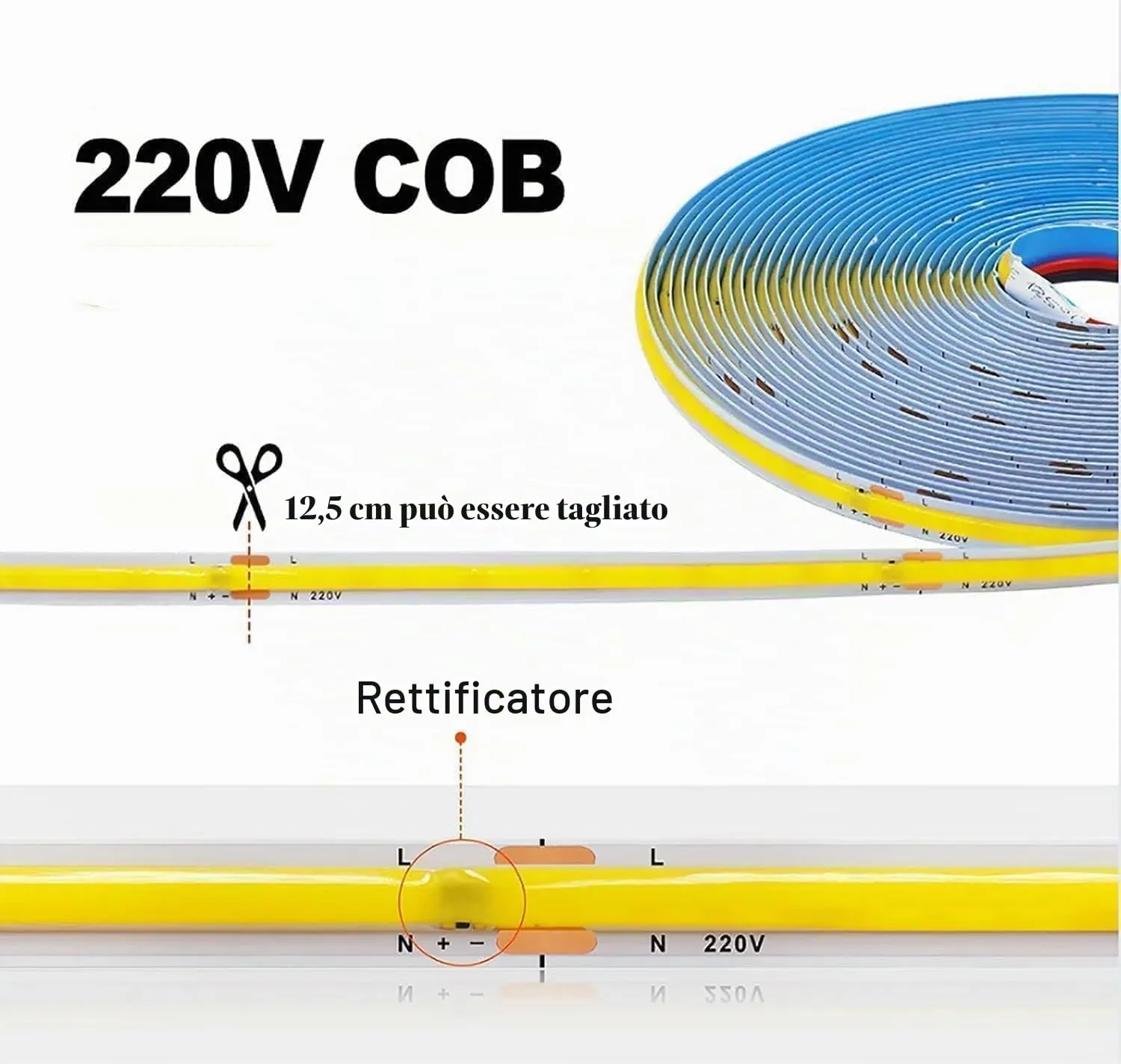 TOPXCDZ Striscia LED COB 220V Smart IC, 296 LED/m, RA90, Bianco Naturale 4000K, 3m - immagine 4